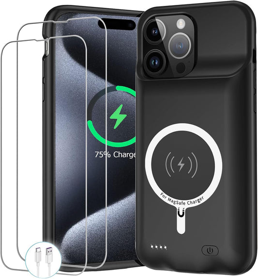 Battery Case for iPhone 15 Pro, 10000mAh Portable Protective Charging Case with Wireless Charging Compatible with iPhone 15 Pro (6.1 inch) Extended Battery Pack Charger Case with Carplay (Black)