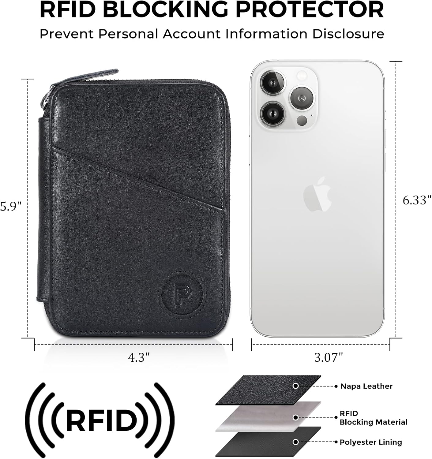 Polare Full Grain Leather Travel Passport Wallet RFID Blocking Passport Holder Soft Bifold Cover Case with YKK Zipper (Black with AirTag Slot)
