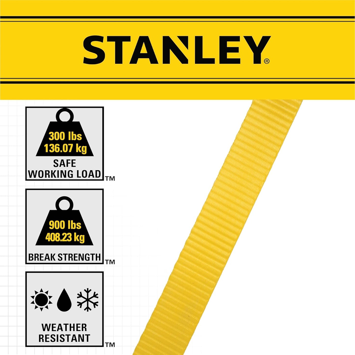 STANLEY S9500 Black/Yellow 1" x 10' Ratchet Straps - Light Cargo (300 lb Working Load / 900 lb Break Strength), (Pack of 24)