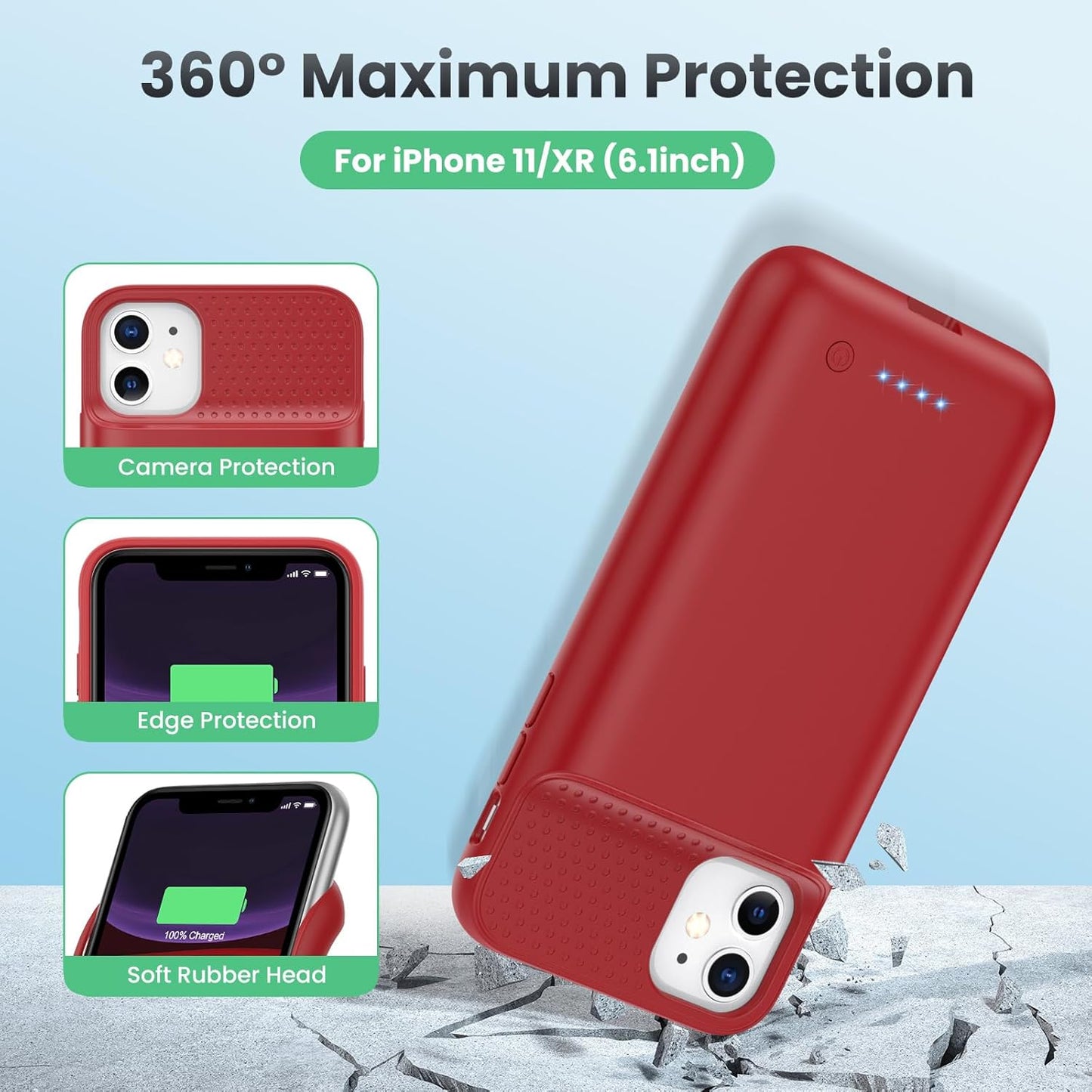 Battery Case for iPhone 11/XR (6.1inch),Upgraded 7500mAh Slim Portable Charger Case Cover,External Battery Pack Charging Case with Tempered-Glass Screen Protector for iPhone 11/iPhone XR (Red)