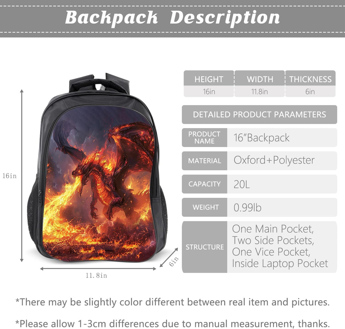 Klymax Fire Dragon Backpack Kids Schoolbag with Lunch Box Bag Pencil Bag 3pcs Bookbag Sets for Boys Girls