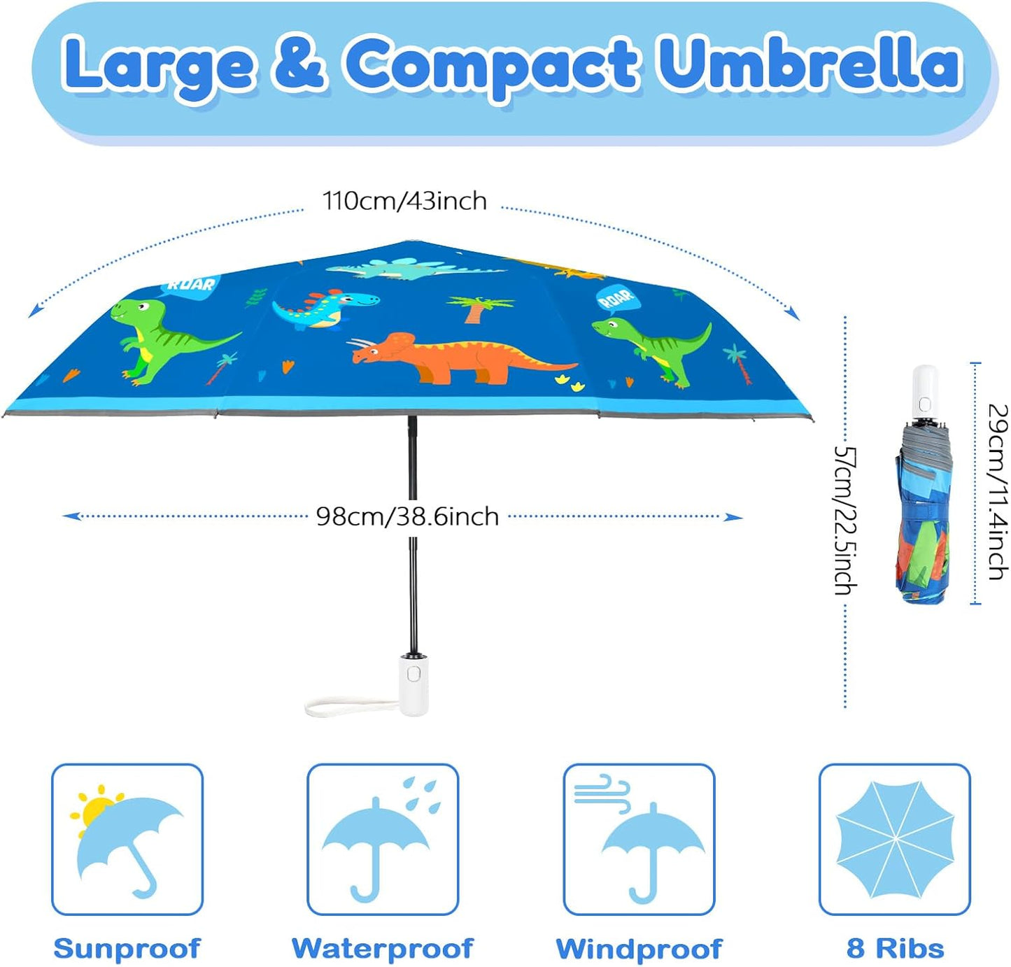 Autoamtic Kids Umbrella UV Resistant, Folding Compact Umbrella 360° Reflective Strip for Travel Outdoor, Lightweight Cute Kids Parasol Anti-rebound Safe for Toddler