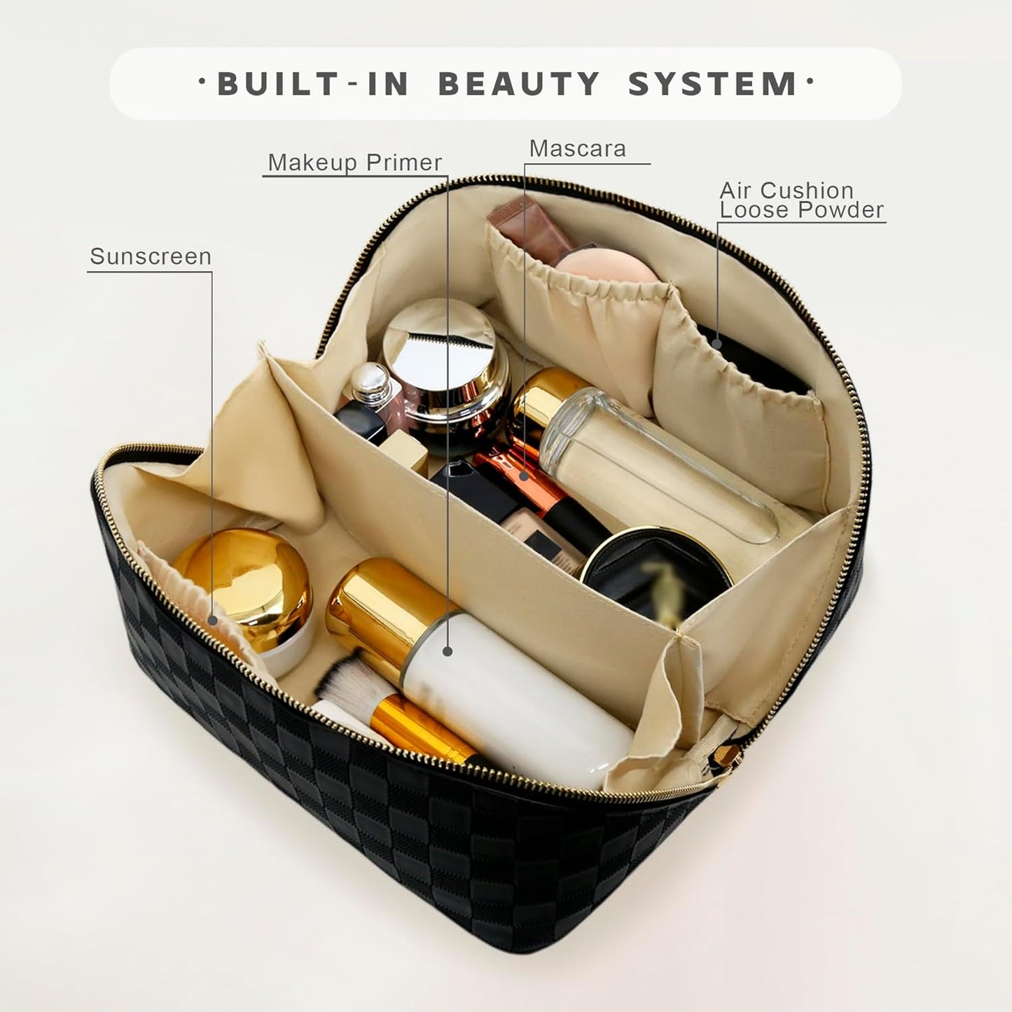 Travel Makeup Bag – Large Cosmetic Organizer with Waterproof PU Leather, Smooth Double Zipper & Tear-Resistant Lining, Toiletry Pouch for Women (Black)