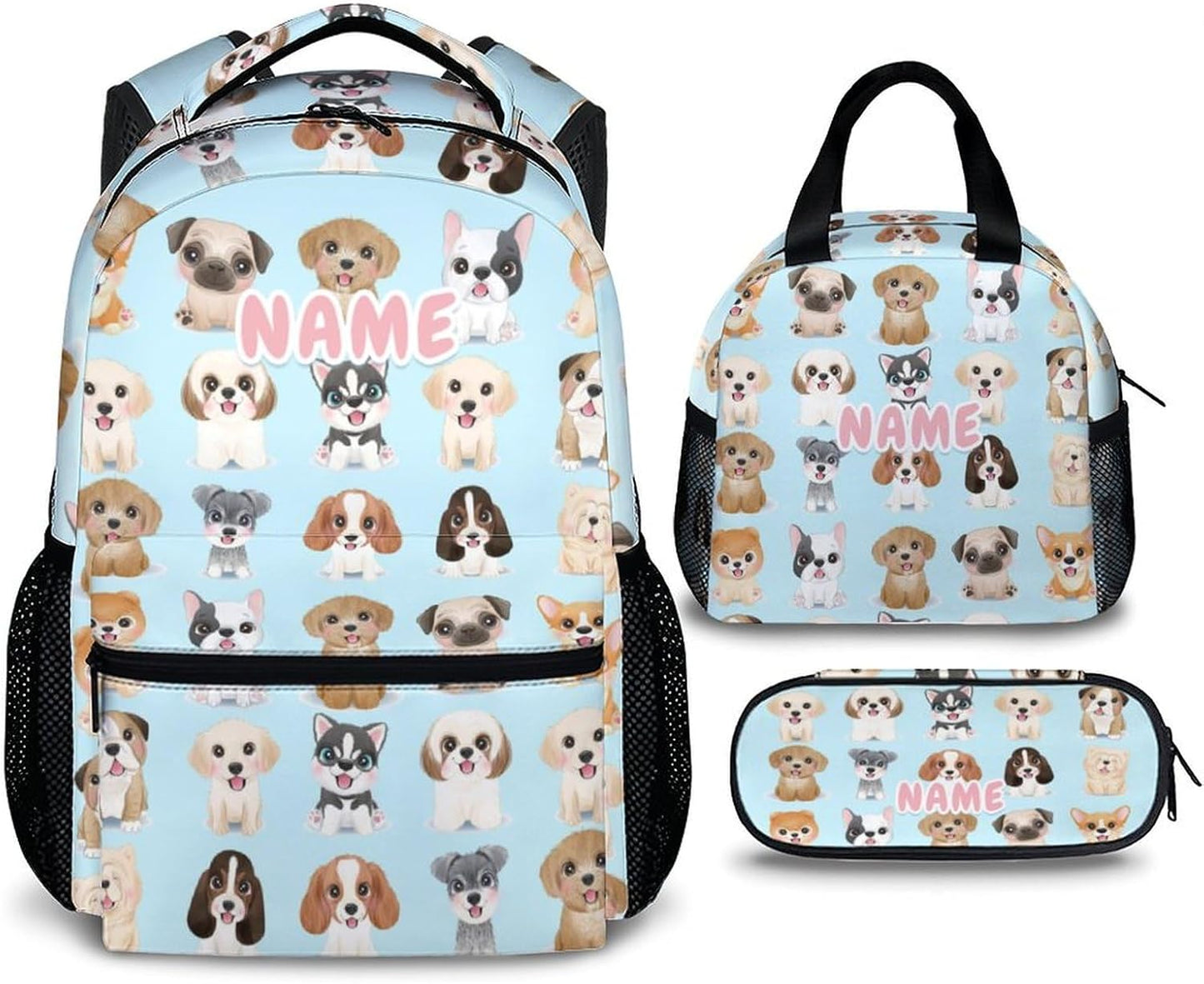 Custom Dog Backpack with Lunch Box, Set of 3 School Backpacks Matching Combo, Cute Blue Bookbag and Pencil Case Bundle