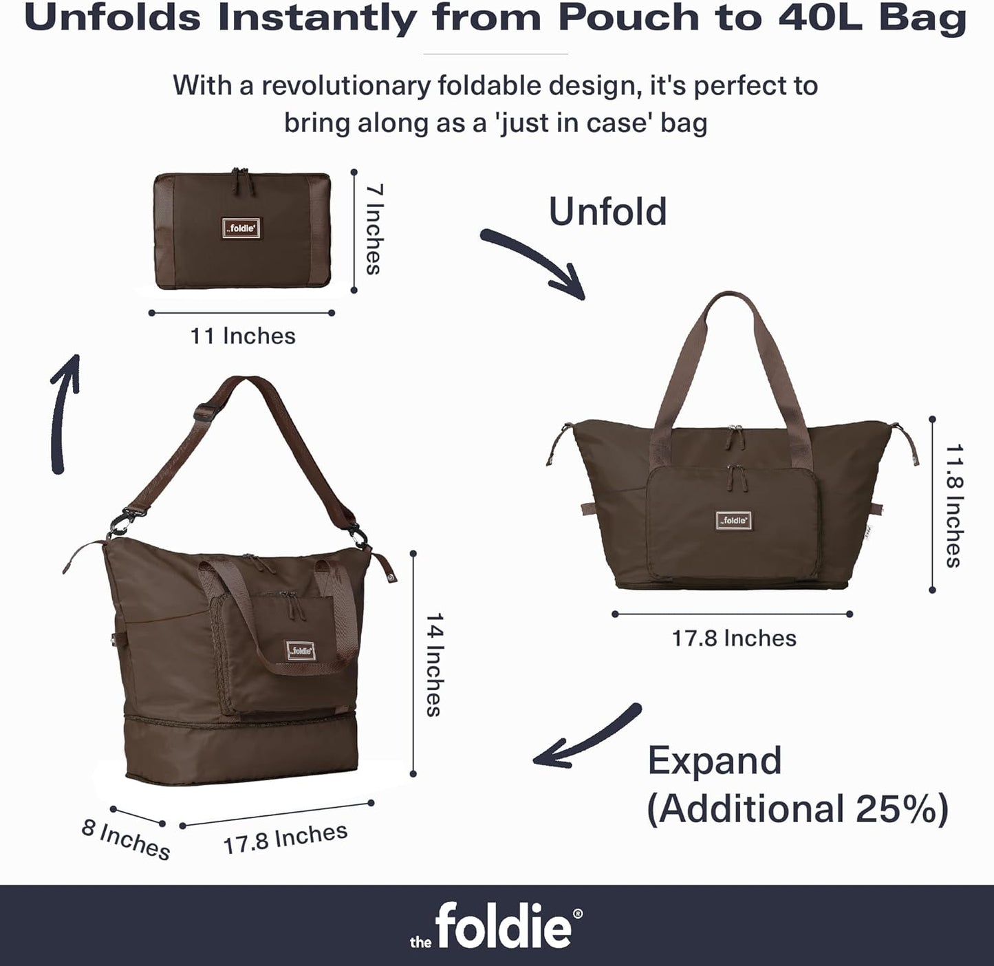 The Foldie Foldable Travel Bag for Women - 40L Weekender Bag with Multiple Pockets - Carry On Expendable Travel Bag