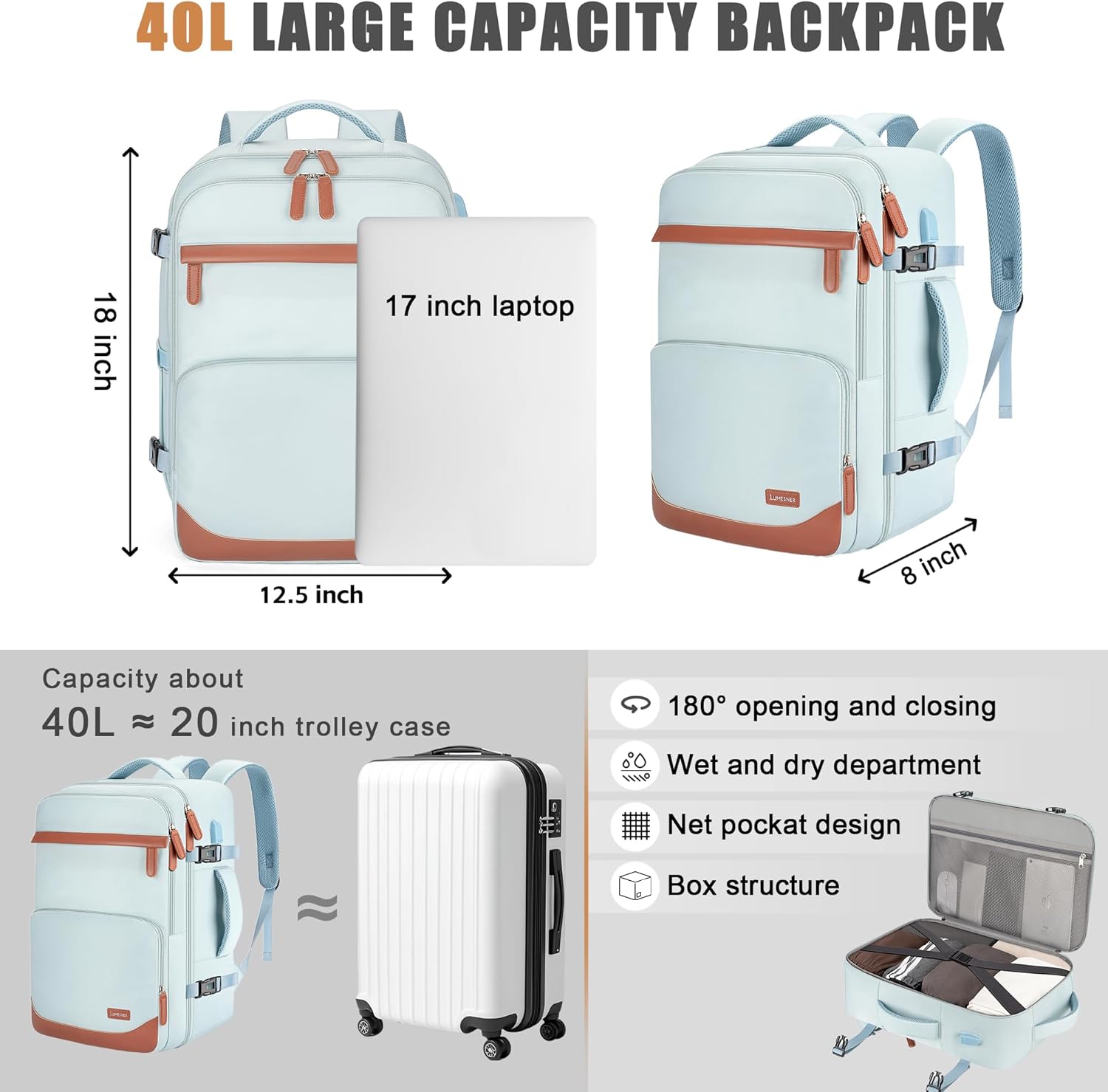 40L Travel Backpack with USB Charging Port, Water-Resistant Carry On Backpack for Men Women