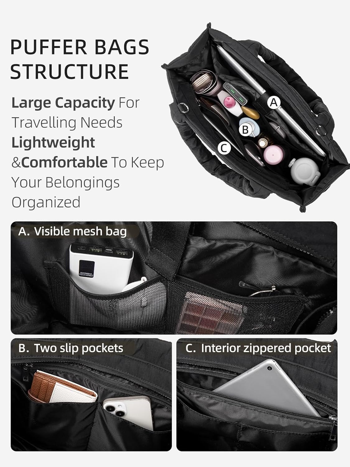 WESTBRONCO Puffer Crossbody bags for Women Puffy Quilted Tote Handbags Nylon Weekender Overnight Bag with Adjustable Strap