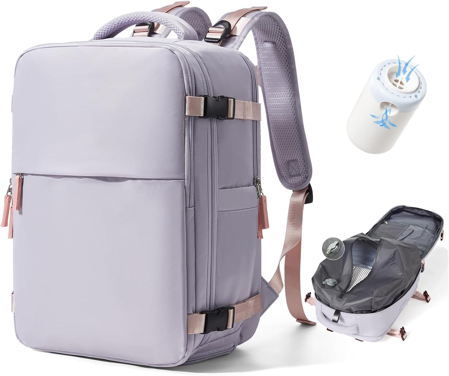 Vacuum Backpack Travel with Pump,Compression Vacpack Backpack With Shoe Compartment, 18.5x13x7.9IN Personal Item Travel Bag,Airline Approved Carry on Luggage(Light Purple)