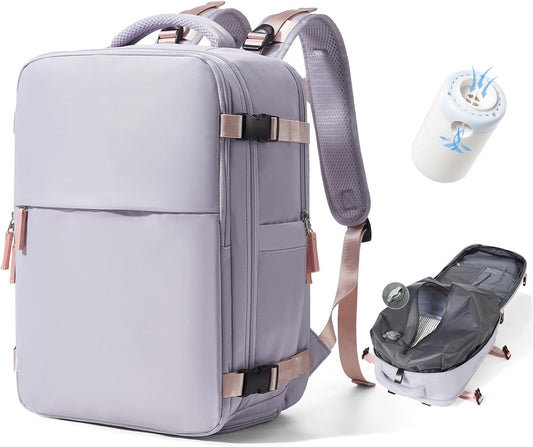 Vacuum Backpack Travel with Pump,Compression Vacpack Backpack With Shoe Compartment, 18.5x13x7.9IN Personal Item Travel Bag,Airline Approved Carry on Luggage(Light Purple)