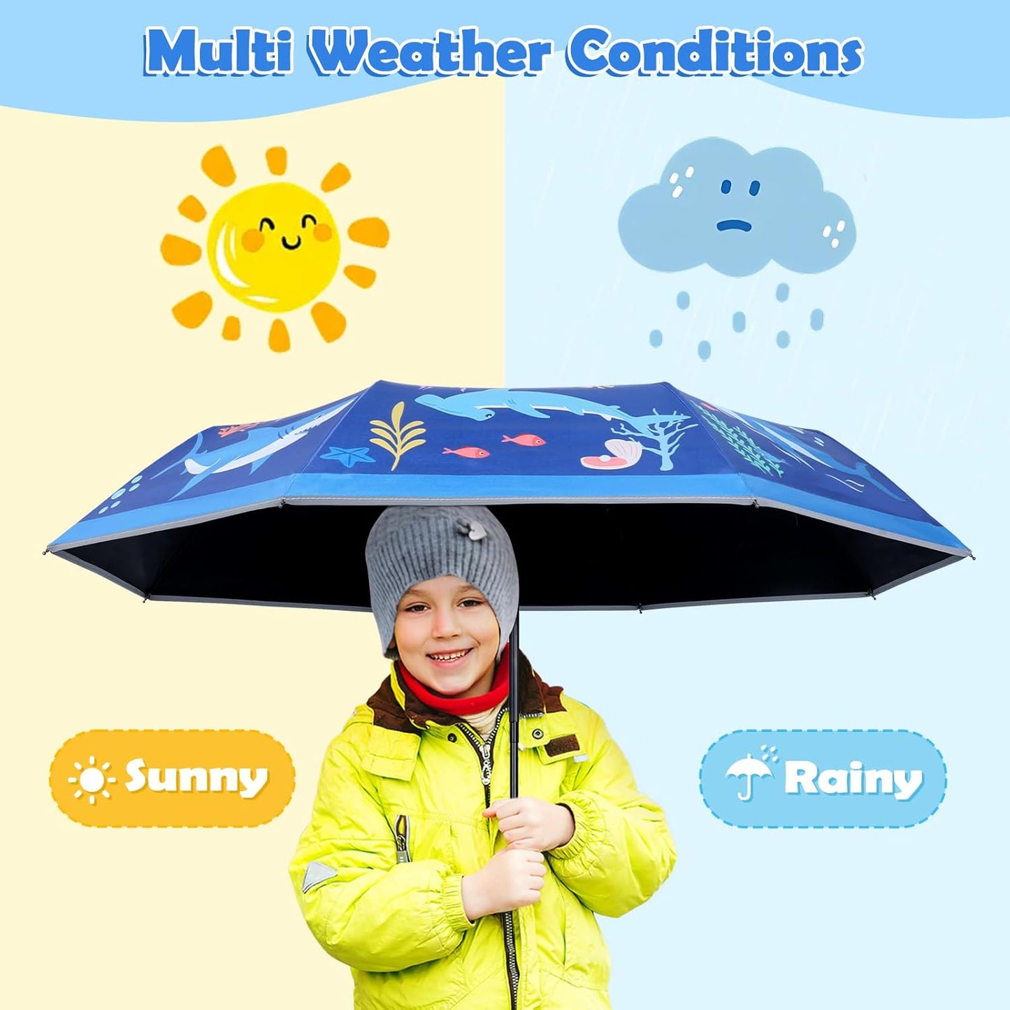 Kids Folding Umbrella Auto Open/Close Anti-rebound Safe Design UV Resistant Automatic Children Travel Umbrellas 8 Rib Reinforced Canopy 360° Reflective Strip Lightweight Cute Umbrella for Girls & Boys