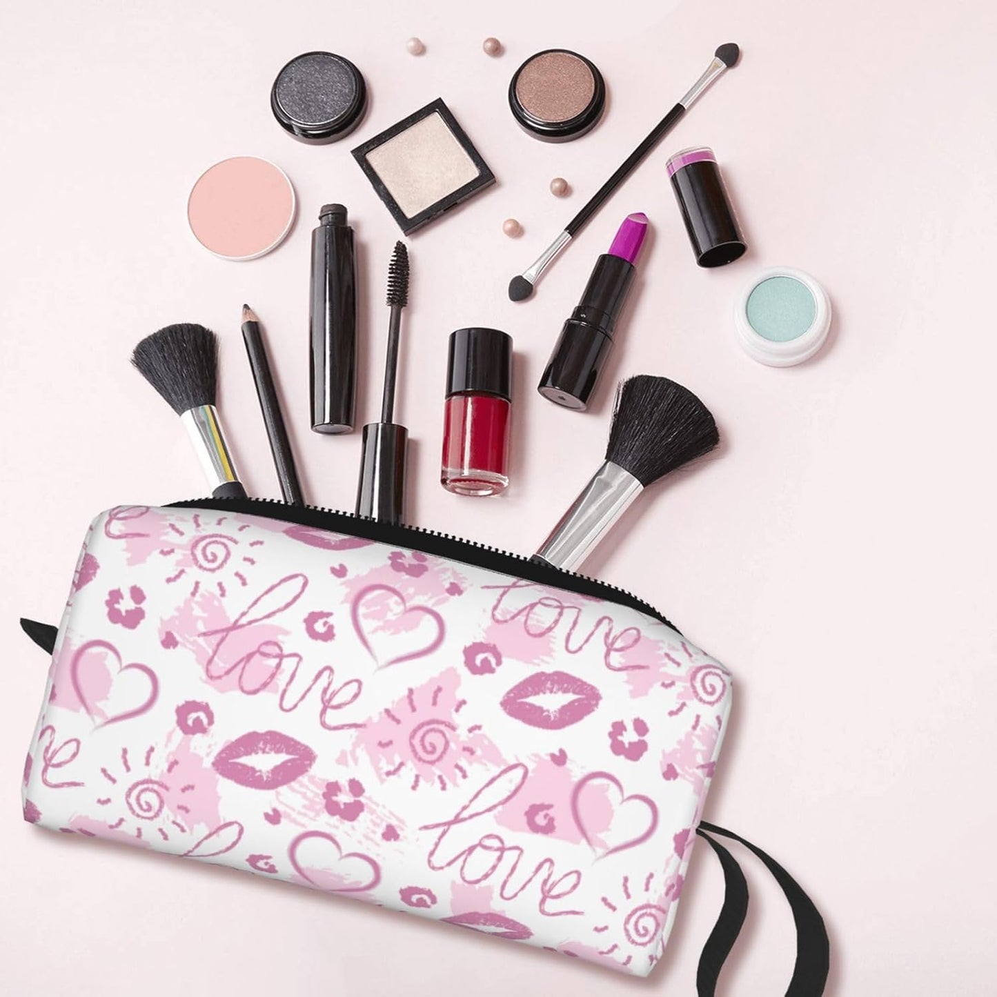Love Notes Heart Lips & Sunshine Makeup Bag Small Compact & Durable Travel Cosmetic Bag Organizer Oxford Fabric Impact-Resistant Multi-Purpose Storage Perfect for Travel, Gym, Daily Use