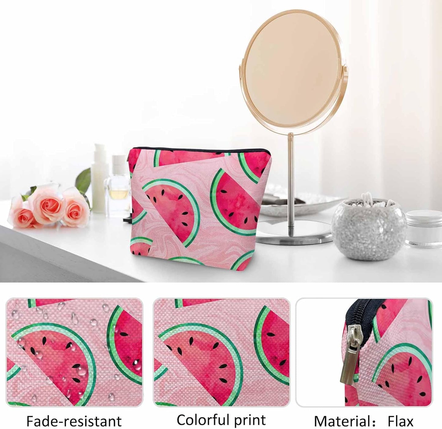 Watermelon Makeup Organizer Bag Cosmetic Bag For Men Women, Summer Watermelon Pink Travel Toiletry Bag Flax Makeup Bags Purse Business Makeup Pouch For Toiletries Cosmetics