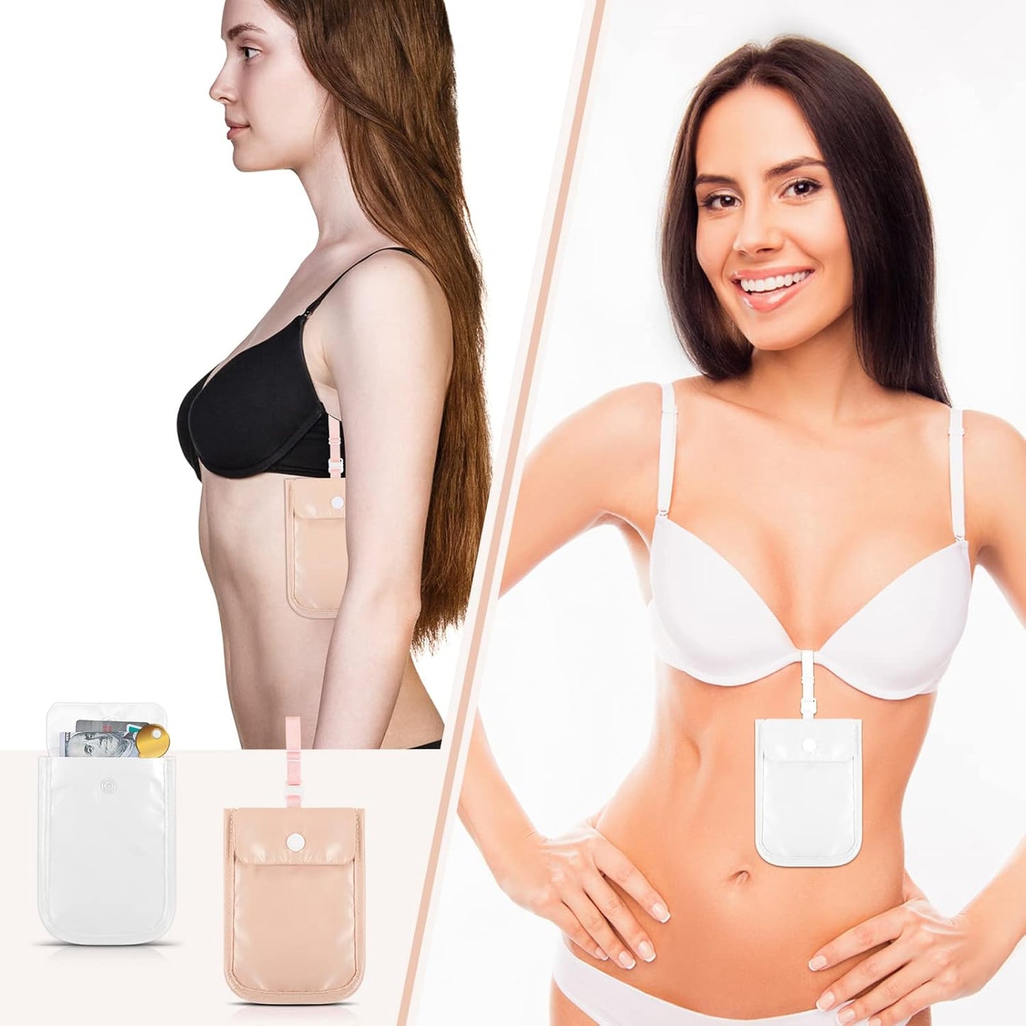 2 Pieces Travel Bra Wallet for Women Hidden Bra Wallet Pickpocket Proof Under Clothes Money Belt Pouch Secret for Passport Money Valuables(4 x 5.4 Inch,White, Pink)