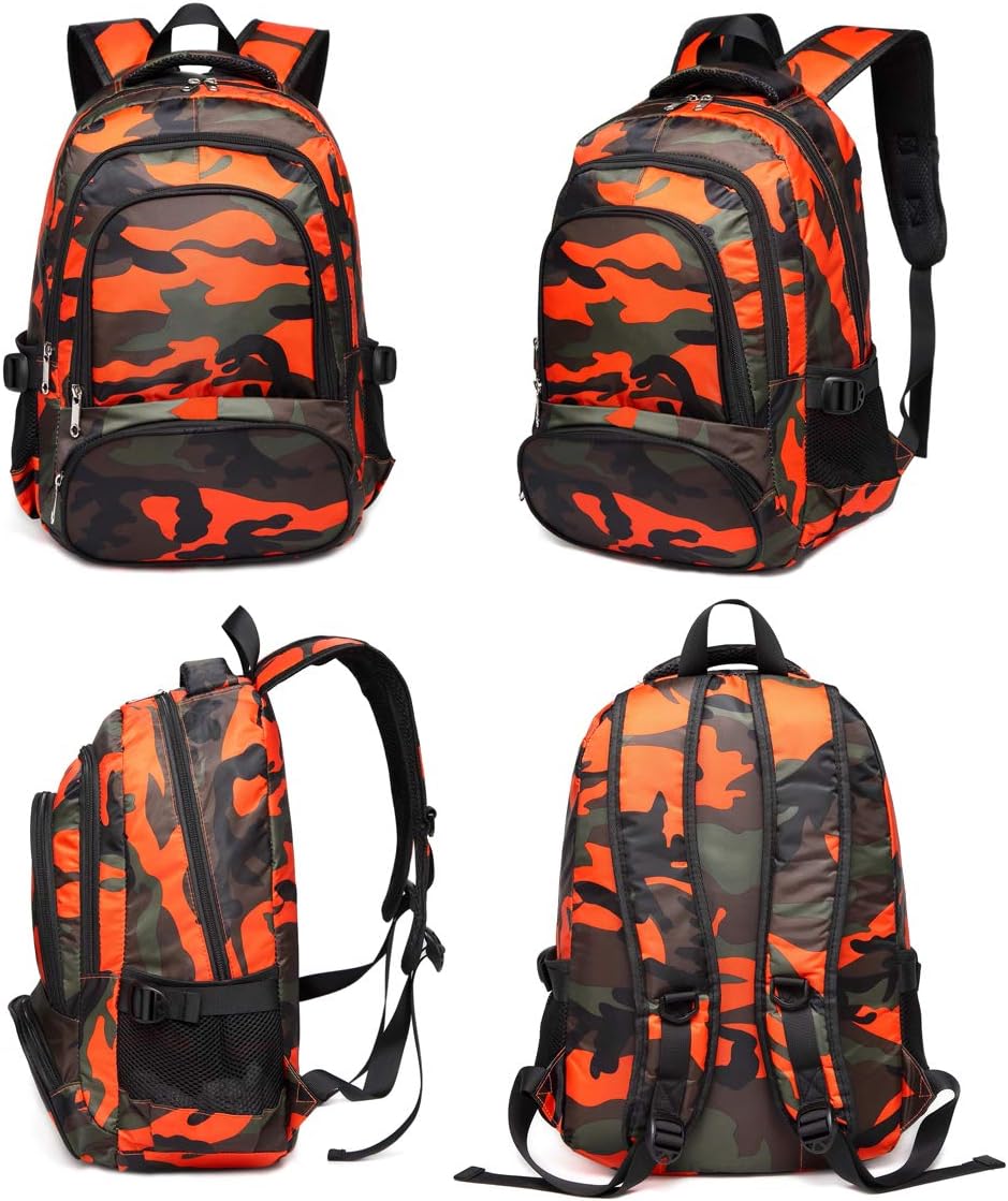 BLUEFAIRY Kids Backpacks for Boys Girls Elementary Primary Middle School Bookbags Back to School Bags for Childs Age 6-8 Mochilas Escolares para Niños Niñas 17 Inch Camo Orange