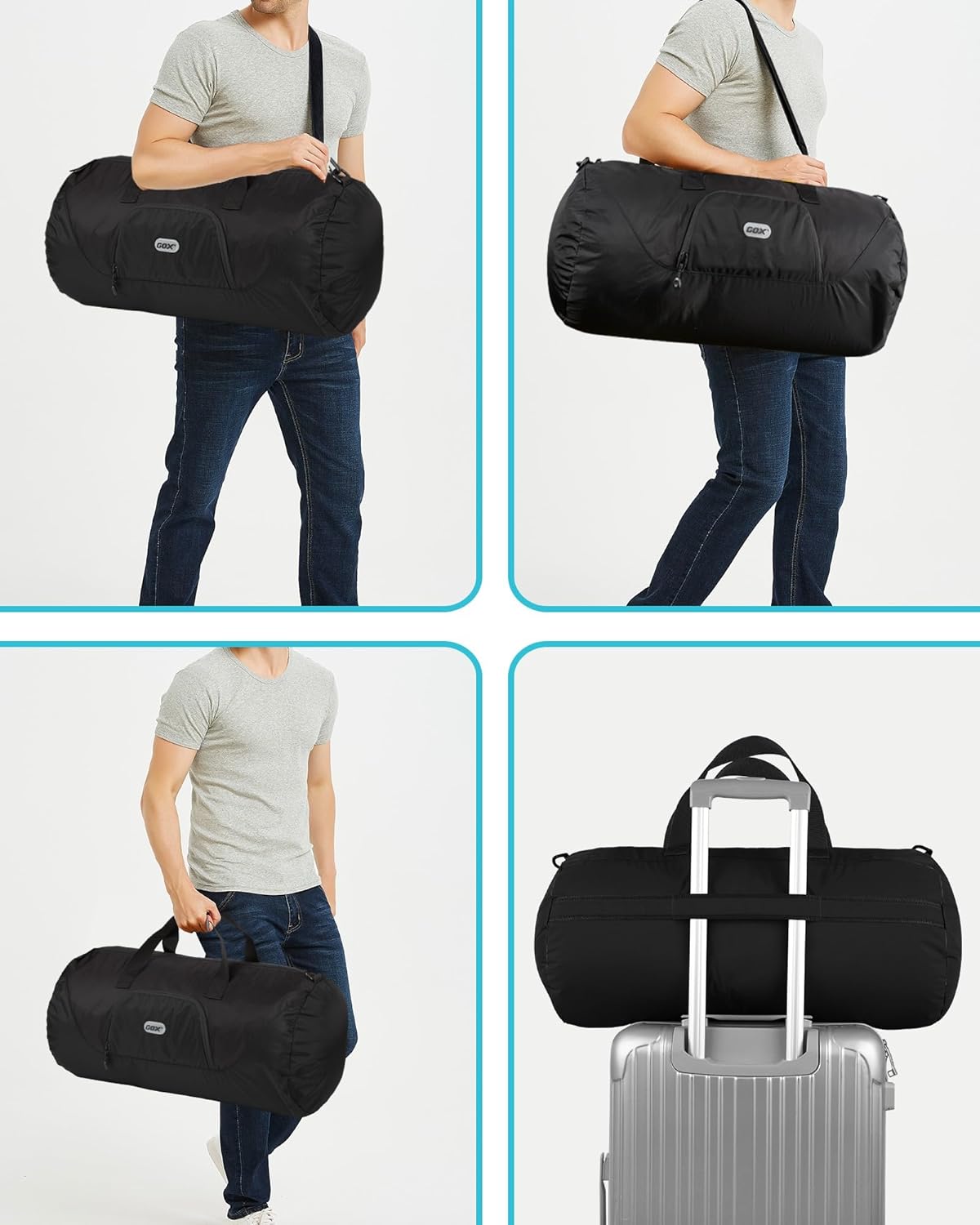 GOX Foldable Travel Bag Packable Tote Duffle Bag For Travel Spirit Airlines Personal Item Bag 18x14x8(Black)