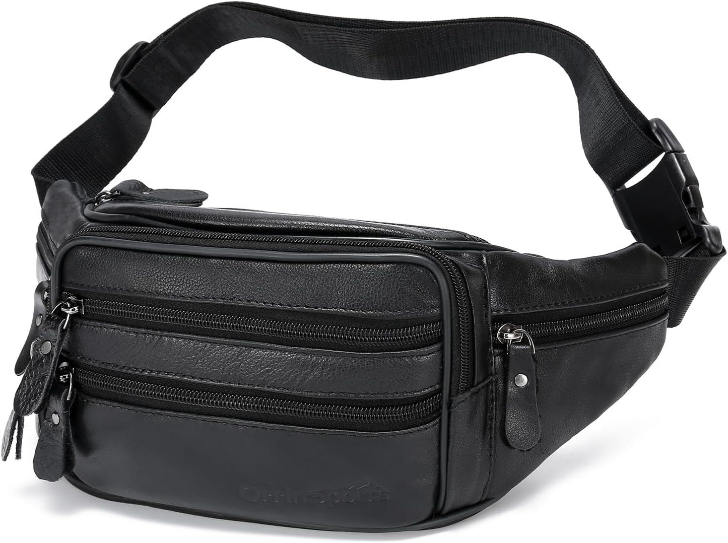 Black Leather Fanny Pack for Men & Women, Fashionable Multi-Pockets Waist Belt Bag for Travel Sports Hiking Cycling Fishing Running