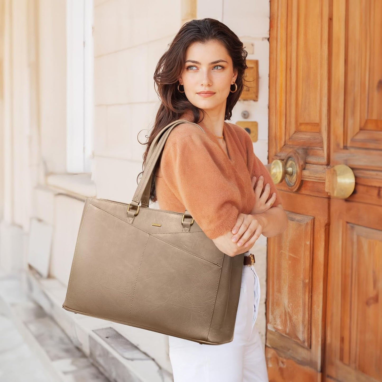 LOVEVOOK Laptop Bag for Women,15.6 Inch Laptop Tote Bag for Women,Vintage Leather Work Tote Bags Computer Business Teacher Bag,Waterproof Office Briefcase