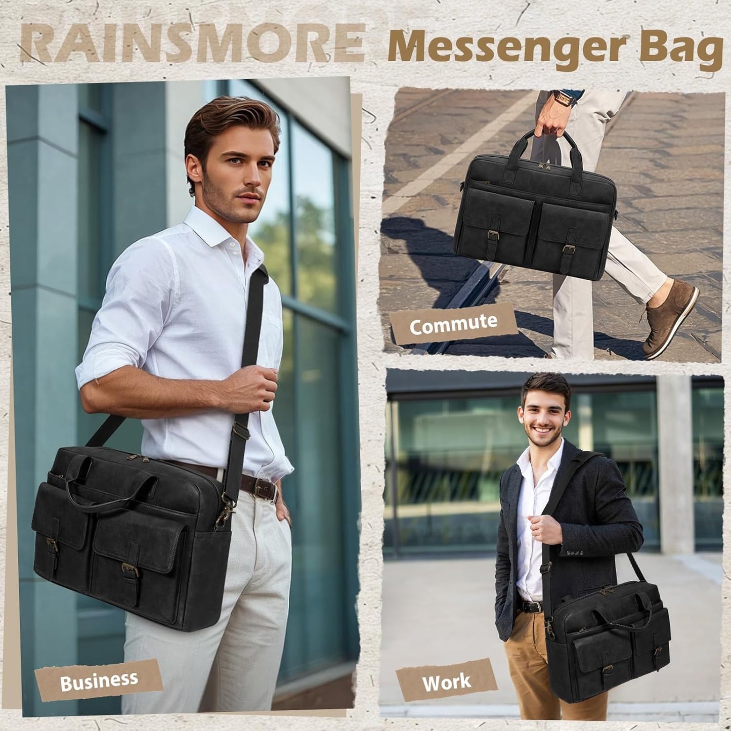 RAINSMORE Messenger Bag for Men 16 Inch Leather Laptop Bags Work Computer Briefcase Vintage Mens Satchel Shoulder Bag for Work, Office, Business, Travel, Black