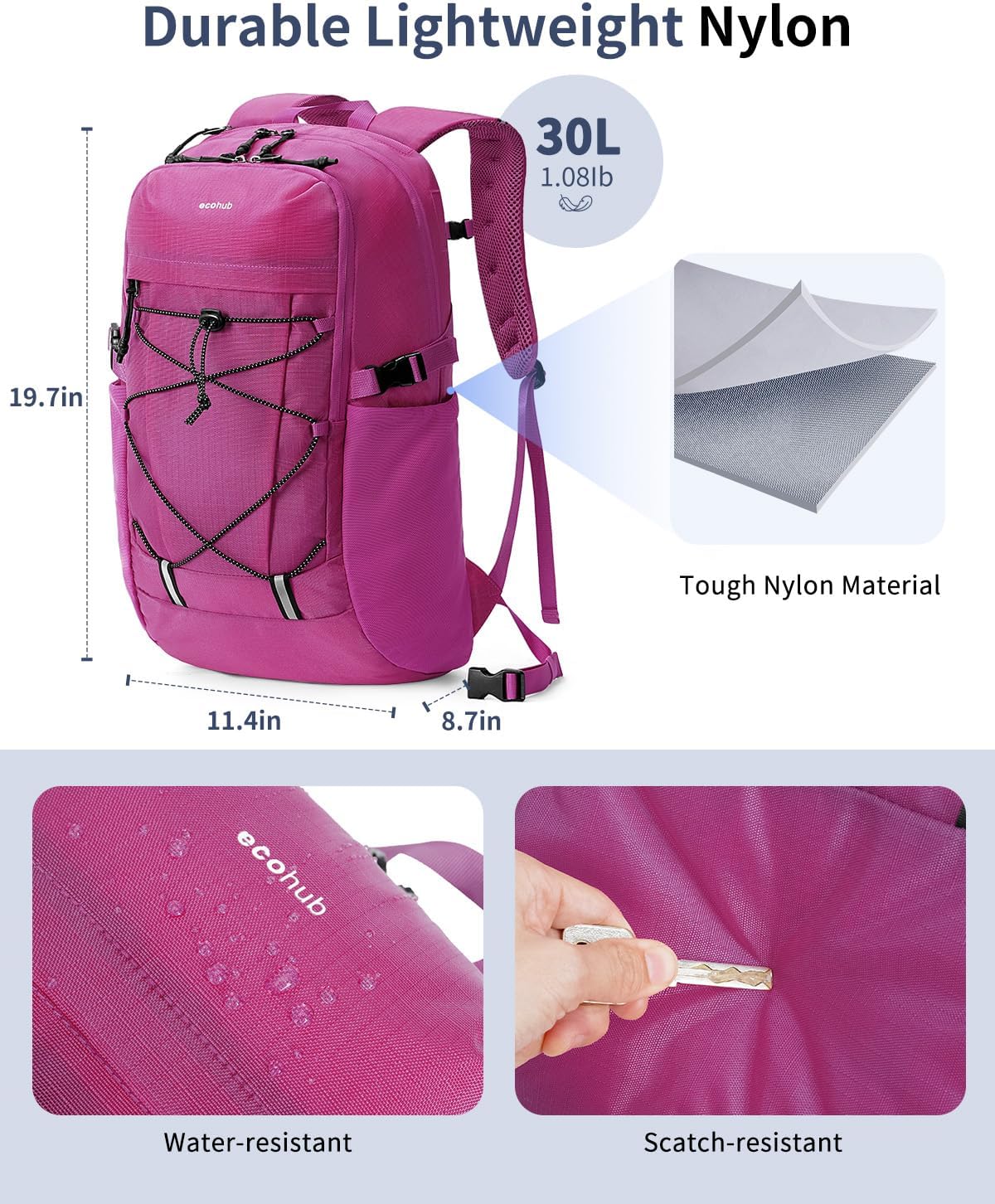 ECOHUB Hiking Backpack 30L Travel Backpack Lightweight Casual Daypack Water Resistant Camping Bag