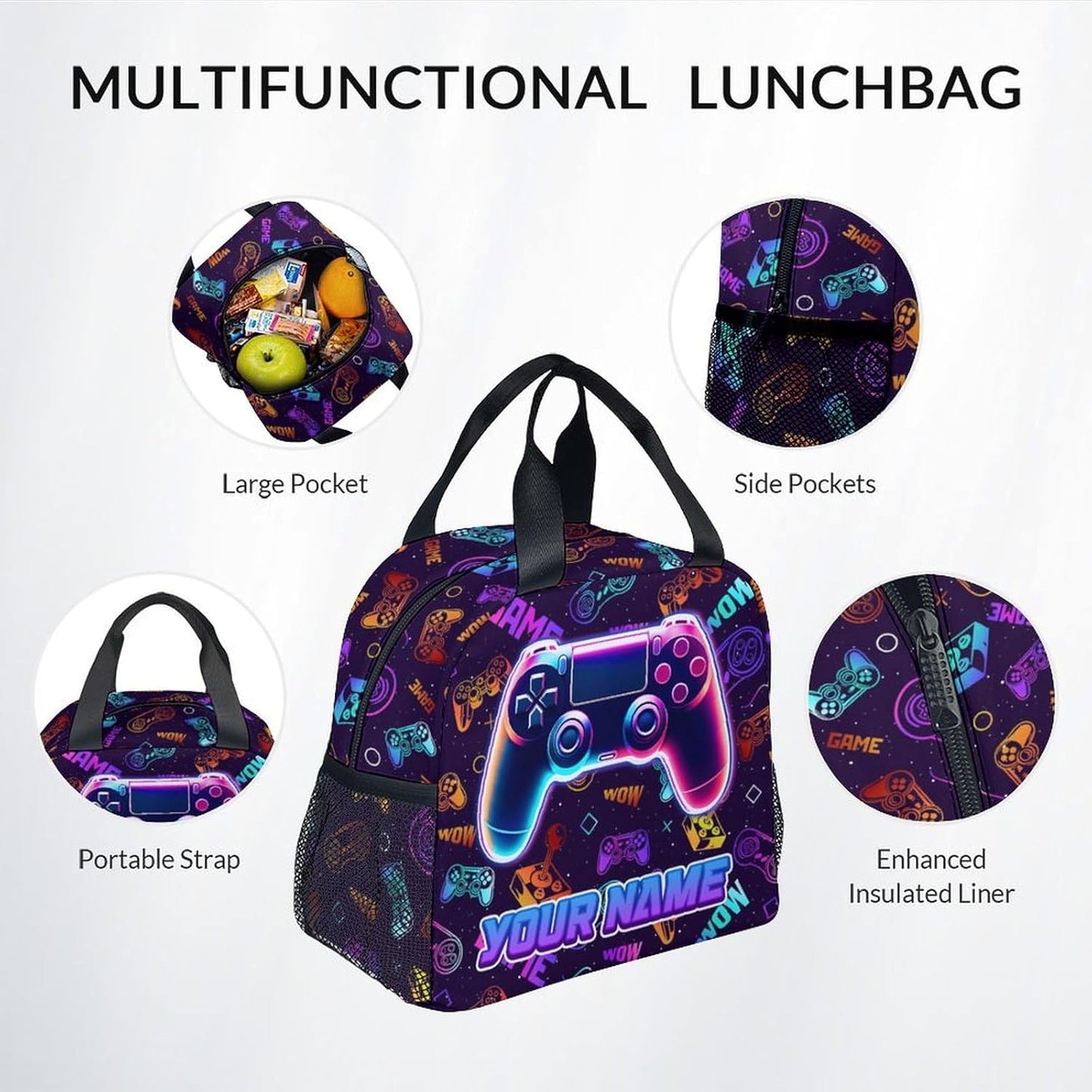Kids Backpack with Lunch Bag and Pencil - 17 Inch Custom Gamer Backpack Set for Boys Girls - Personalized Cool Gaming School Bag for Primary Middle