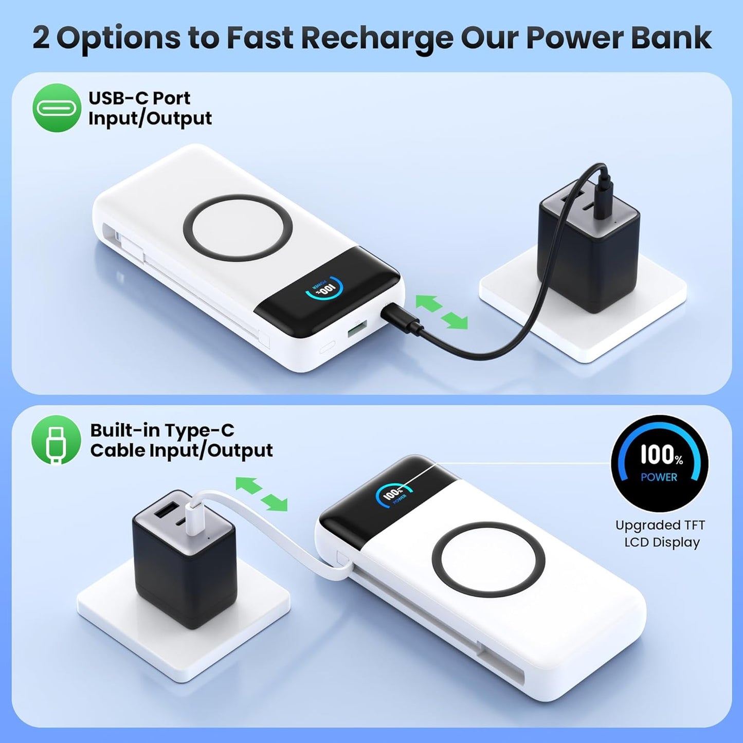 Wireless Portable Charger 40800mAh with Built-in Cables, 15W Wireless Charging USB C Power Bank, 25W PD QC 4.0 5 Outputs Travel Essential Battery Pack for iPhone 17/16/15/14/13, Samsung, Android etc
