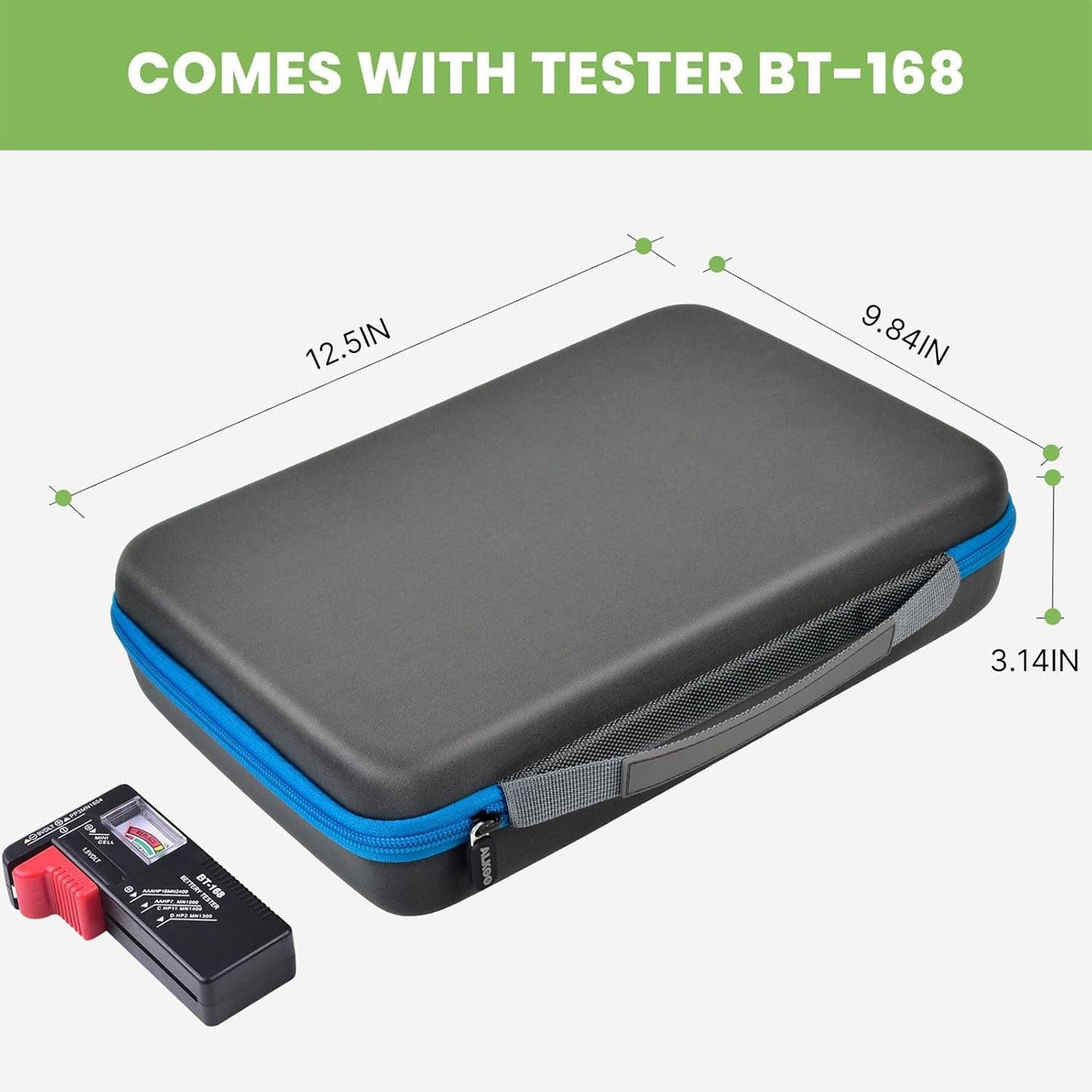 Battery Organizer Storage Holder Case Box with Tester Checker BT-168. Holds 225 Batteries AA AAA C D Cell 9V 3V Lithium (Blue)