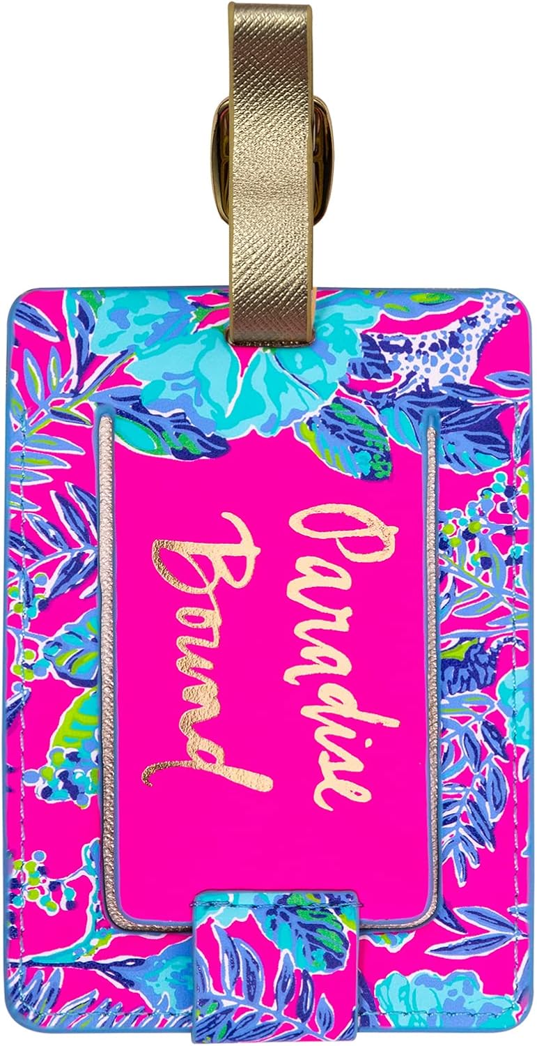 Lilly Pulitzer Leatherette Luggage Tag with Secure Strap, Colorful Suitcase Identifier for Travel