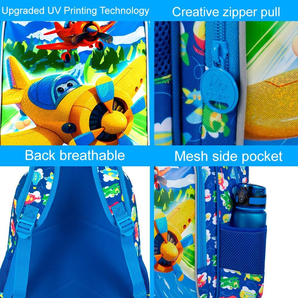 3PCS Boys Airplane Backpack, Water Resistant Kids Backpack Set with Lunch Box, Cute School Bag for Preschool Toddler
