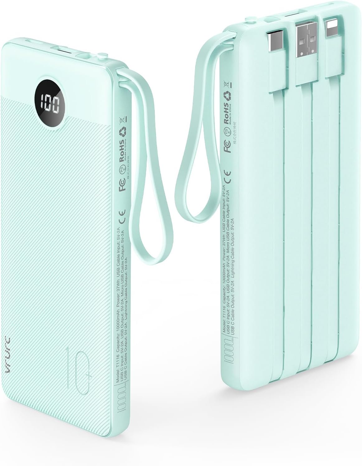 VRURC Portable Phone Charger, Portable Charger USB C 10000mAh, 5 Outputs 2 Inputs Travel Battery Power Bank Built-in Cables Cords for iPhone 17 Pro 17 16 15 14 13,Samsung,Android-Green(1 Pack)