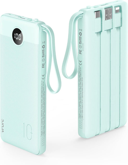 VRURC Portable Phone Charger, Portable Charger USB C 10000mAh, 5 Outputs 2 Inputs Travel Battery Power Bank Built-in Cables Cords for iPhone 17 Pro 17 16 15 14 13,Samsung,Android-Green(1 Pack)