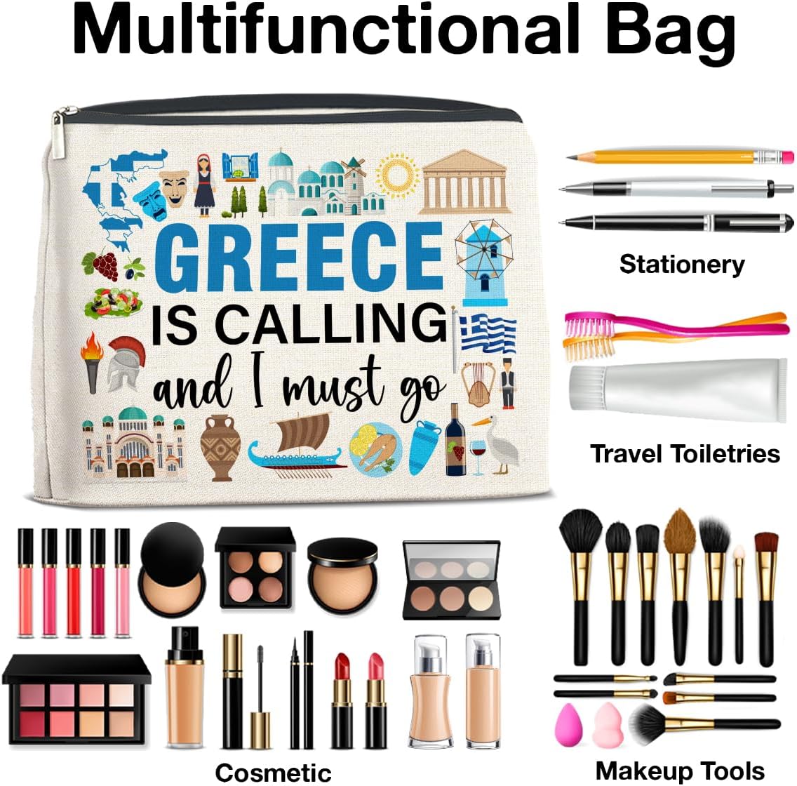 Greece Travel Gifts Makeup Bag Souvenir Gifts for Women Friends Traveler Cosmetic Bag Greece Is Calling Zipper Makeup Pouch Gift