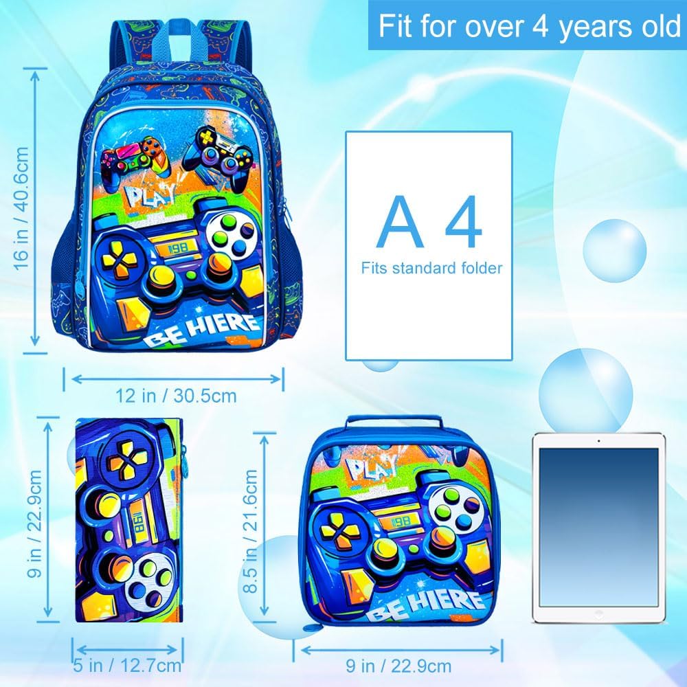 Gamer Backpack for Boys, 16" Kids Bookbag with Lunch Box, 3Pcs Gaming School Backpacks for Elementary Preschool Kindergarten (Blue)