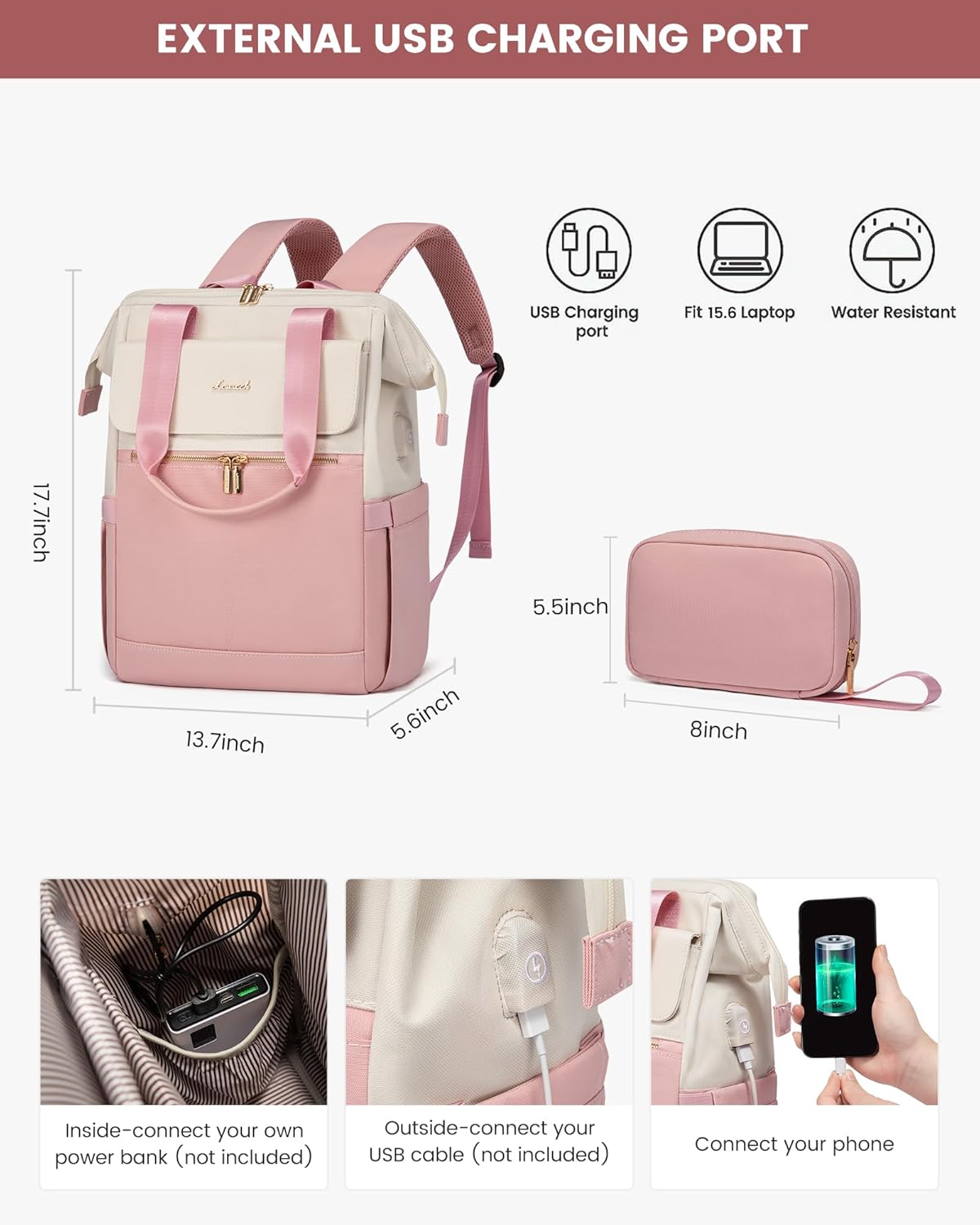 LOVEVOOK Laptop Backpack for Women, 15.6 Inch Work Laptop Bag with USB Port, Fashion Teacher Nurse Backpack Purse, Waterproof Travel Computer Backpack with Organizer Bag, 2PCS, Beige-Pink