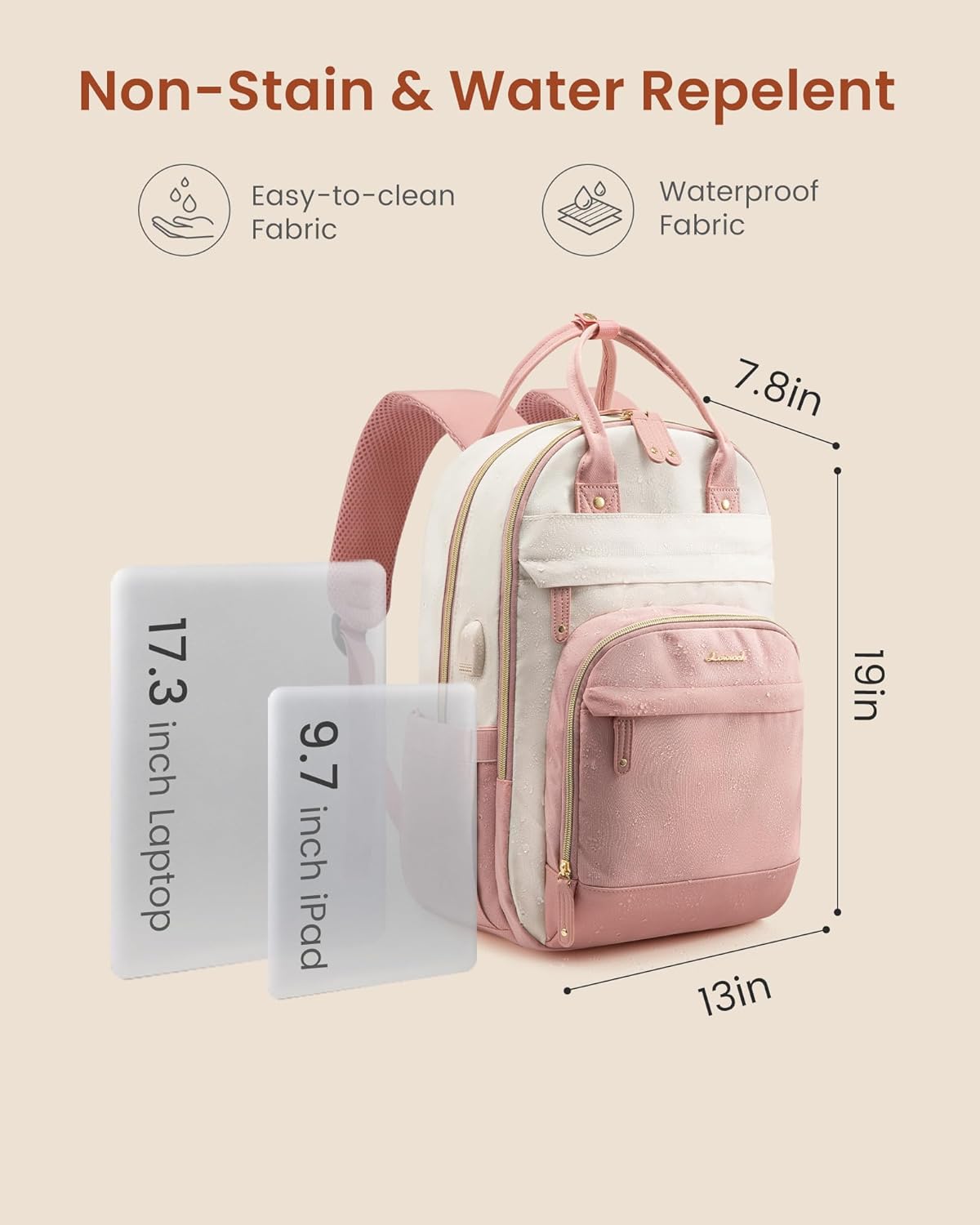 LOVEVOOK Backpack for Women,Laptop Backpack Women,Fits 17 Inch Laptop Bag,School Backpacks,Fashion Travel Work Anti-theft Bag,Waterproof Business Computer College Backpack Purse,Beige-Pink-Pink
