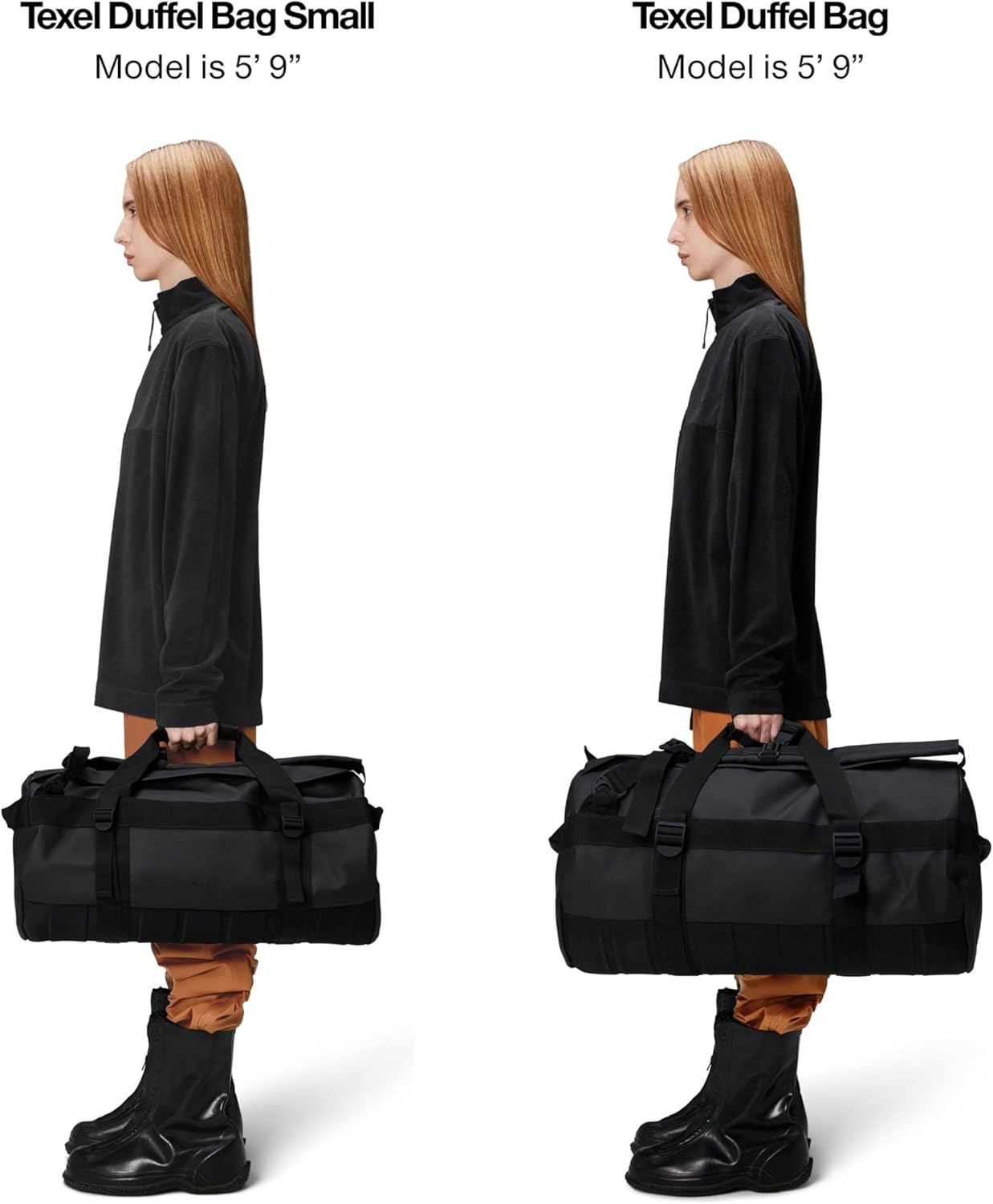 RAINS Texel Duffel Bag Small - Waterproof Black Duffel with U-Shaped Zip Closure, Mesh Pockets, Compression Straps, and Padded Carry Handles - 2 Year Warranty