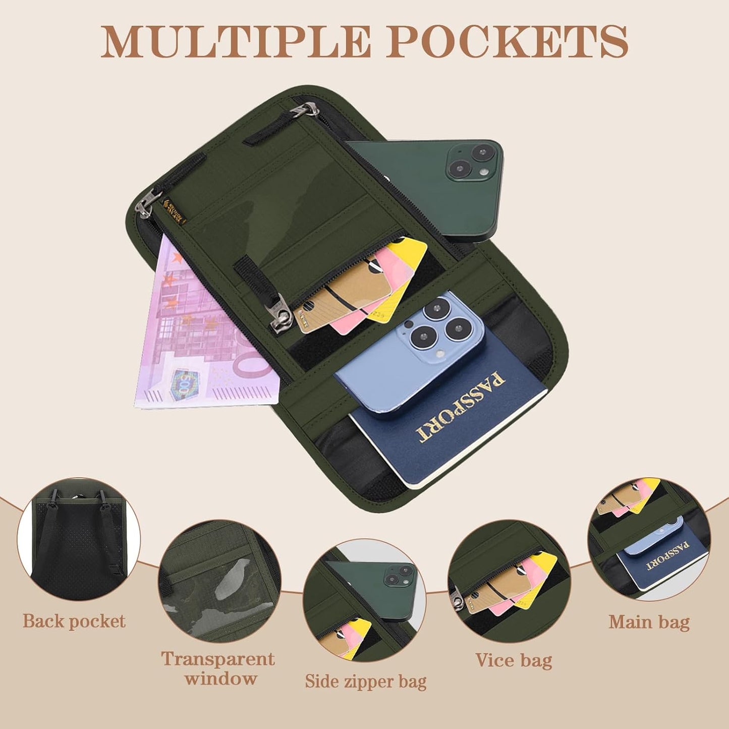 Passport Holder for Travel, Neck Pouch Travel Wallet With RFID Blocking, Waterproof Lightweight Passport Wallet for Women and Men (Army Green)