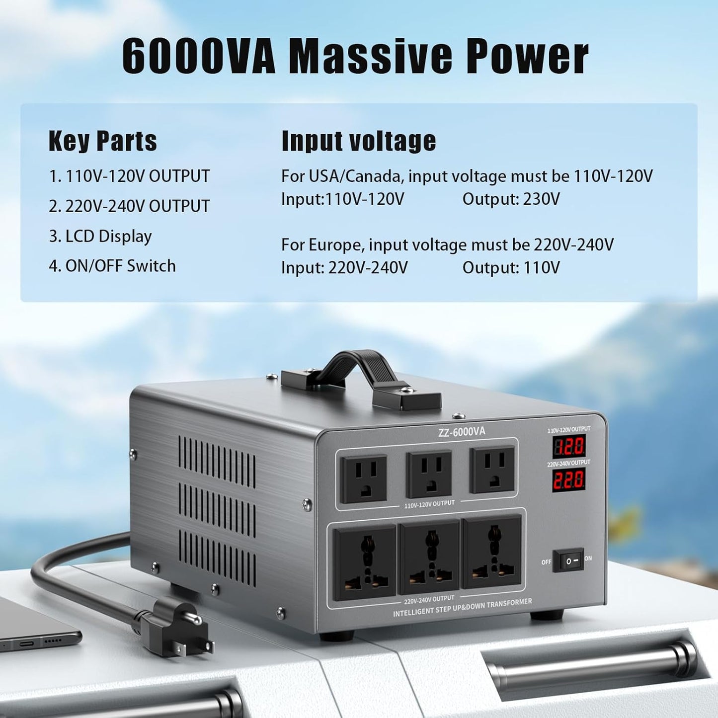 6000W Voltage Converter Auto Transformer,110/120/220/240V Heavy Duty Step Up/Down Power Converter Transformer with 3 US Outlets,3 Universal Outlets, LCD Display,Resettable Circuit Breaker Protection