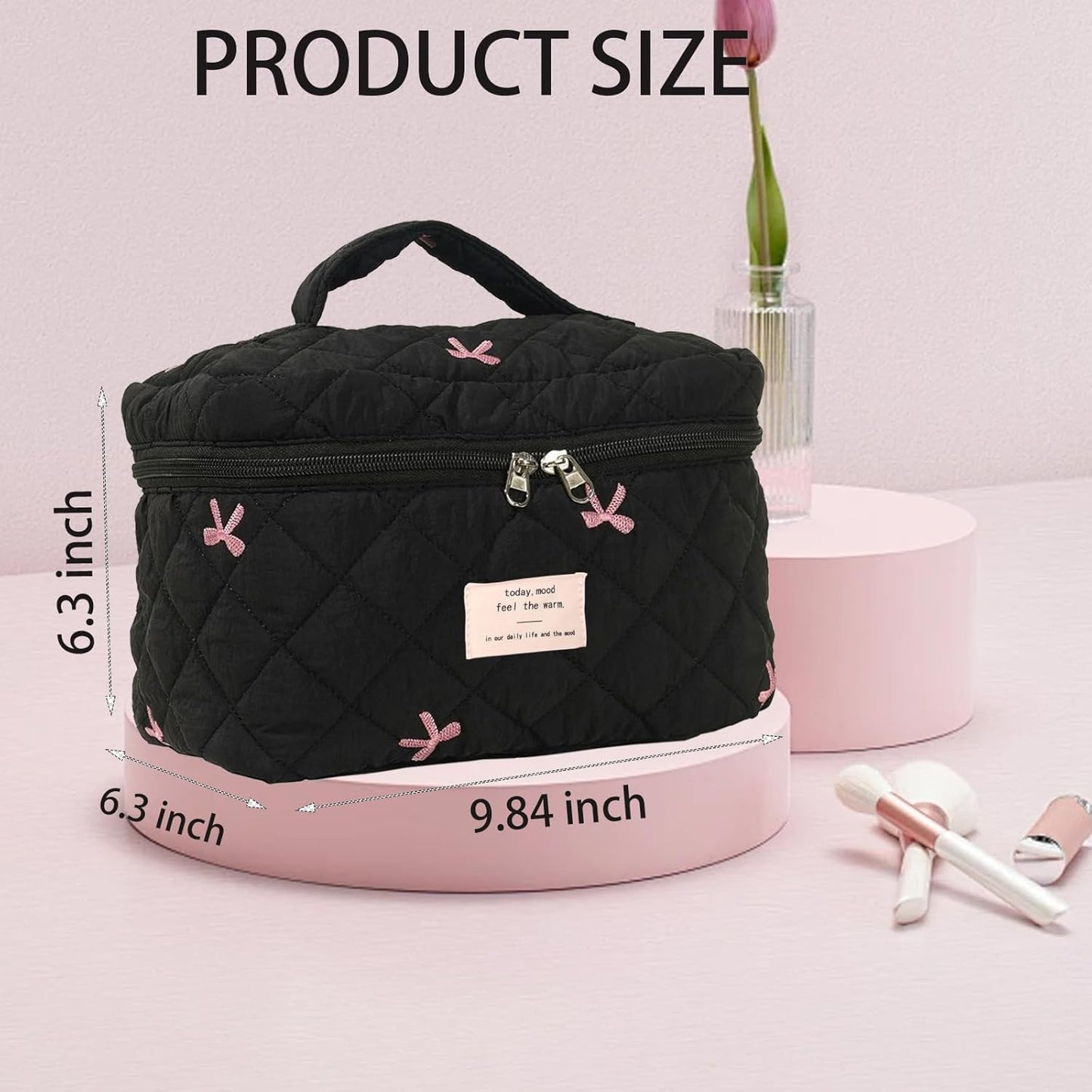 Quilted Makeup Bag, Large Makeup Bag, Cute Cosmetic Bag for Women Girls, Floral Coquette Aesthetic Travel Toiletry Make Up Organizer Bag-Black