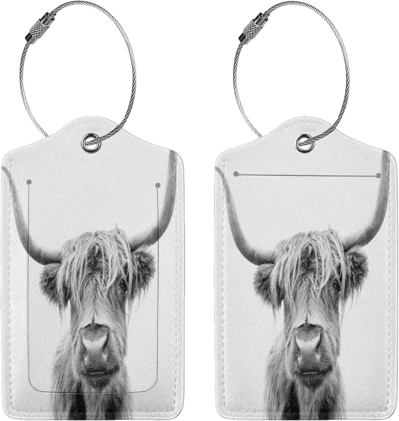 2 Pack Luggage Tag for Suitcase, Cute Leather Suitcase Tags Identifiers with Privacy Name Address Labels Durable Steel Loop for Women Men Girl Travel (Highland Cow Bull)