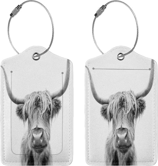2 Pack Luggage Tag for Suitcase, Cute Leather Suitcase Tags Identifiers with Privacy Name Address Labels Durable Steel Loop for Women Men Girl Travel (Highland Cow Bull)