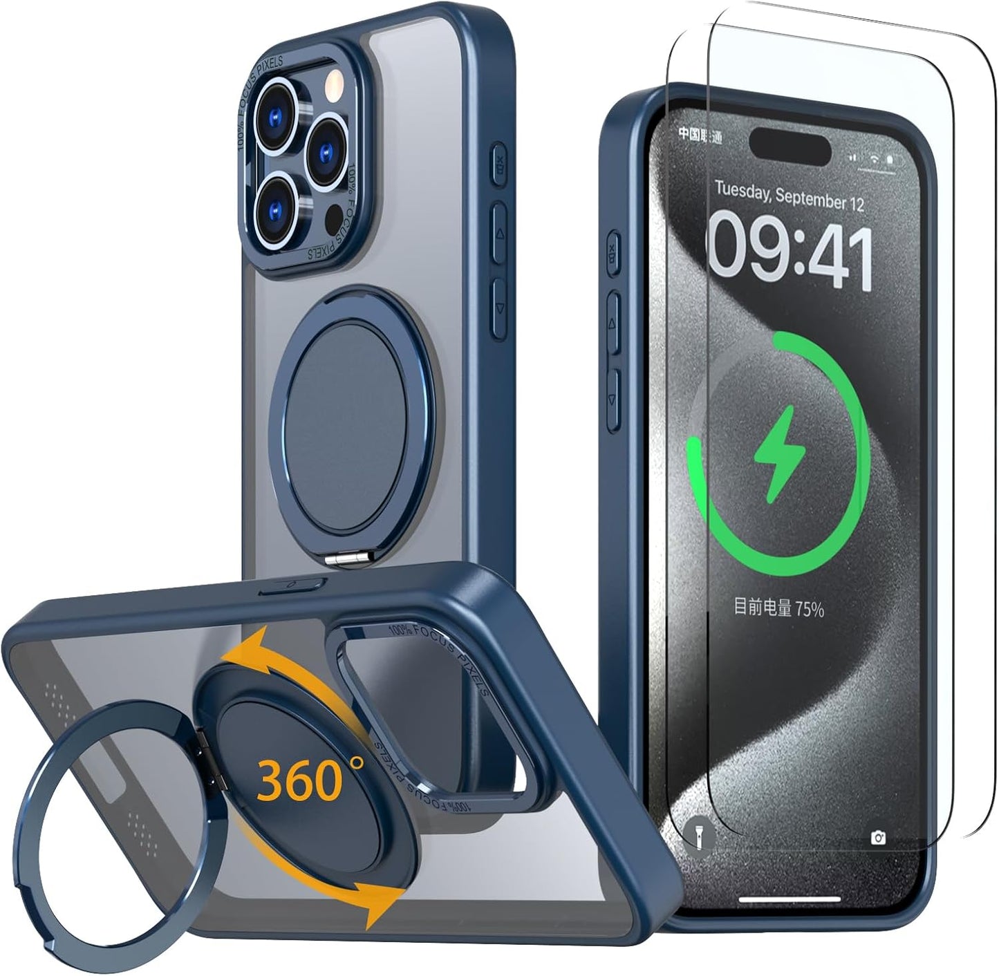 Magnetic Stand Case for iPhone 14 Pro Max [with 2 Tempered Glass Film] [360° Rotation Magnetic Stand] [Compatible with Magsafe] Military-Grade Drop Protection Case, Blue