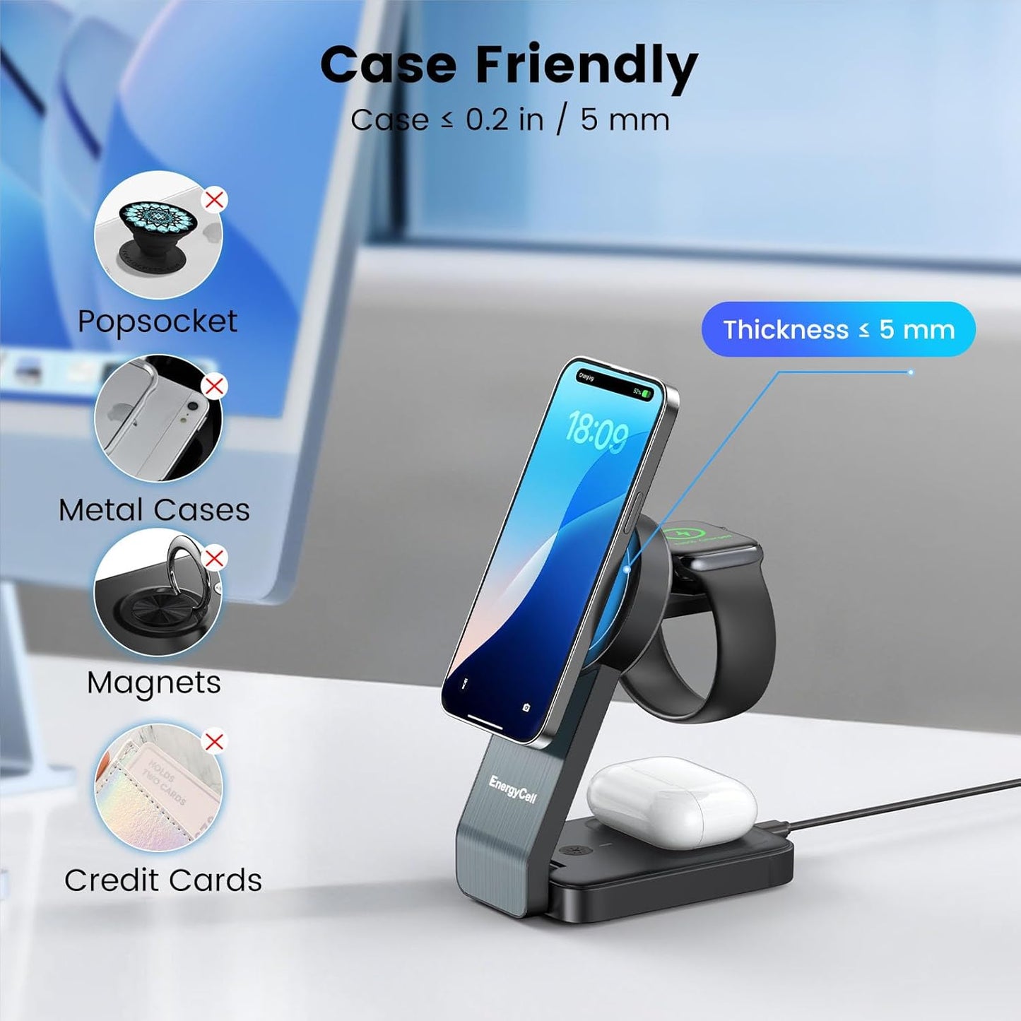 3-in-1 Wireless Charging Station for Apple Devices, 15W Wireless Charger for iPhone 16/15/14/13/12, Apple Watch, AirPods, Magnetic Foldable Fast Charger Apple Charging Station (Black)