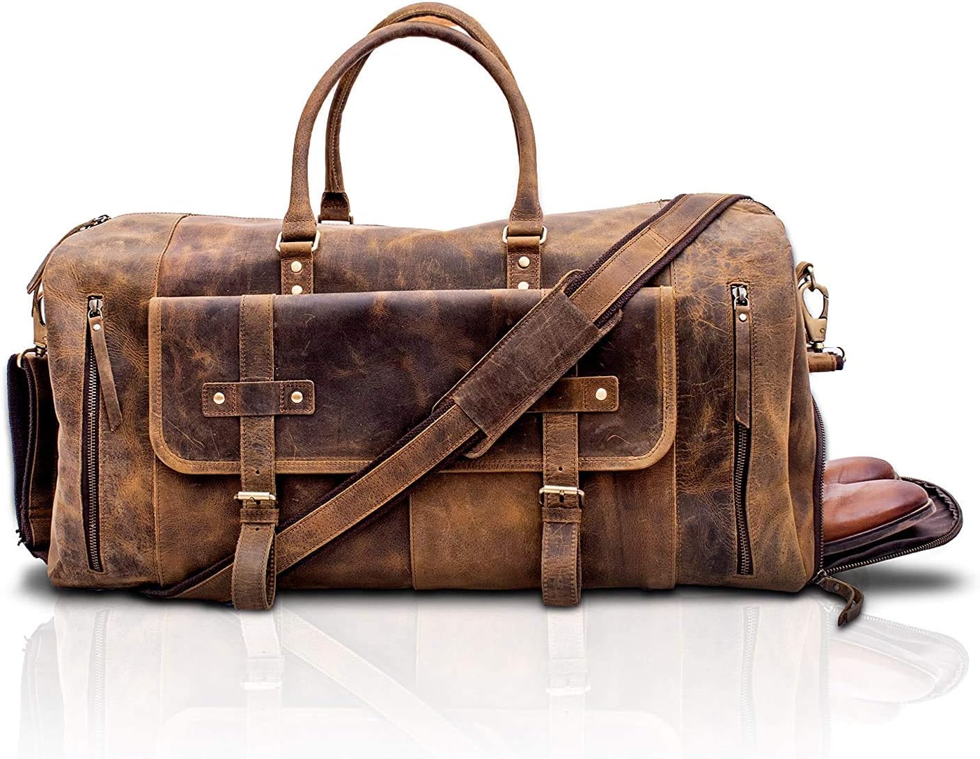 KomalC 24 Inch Brown Leather Duffel Bag for Men and Women with Shoe Pocket