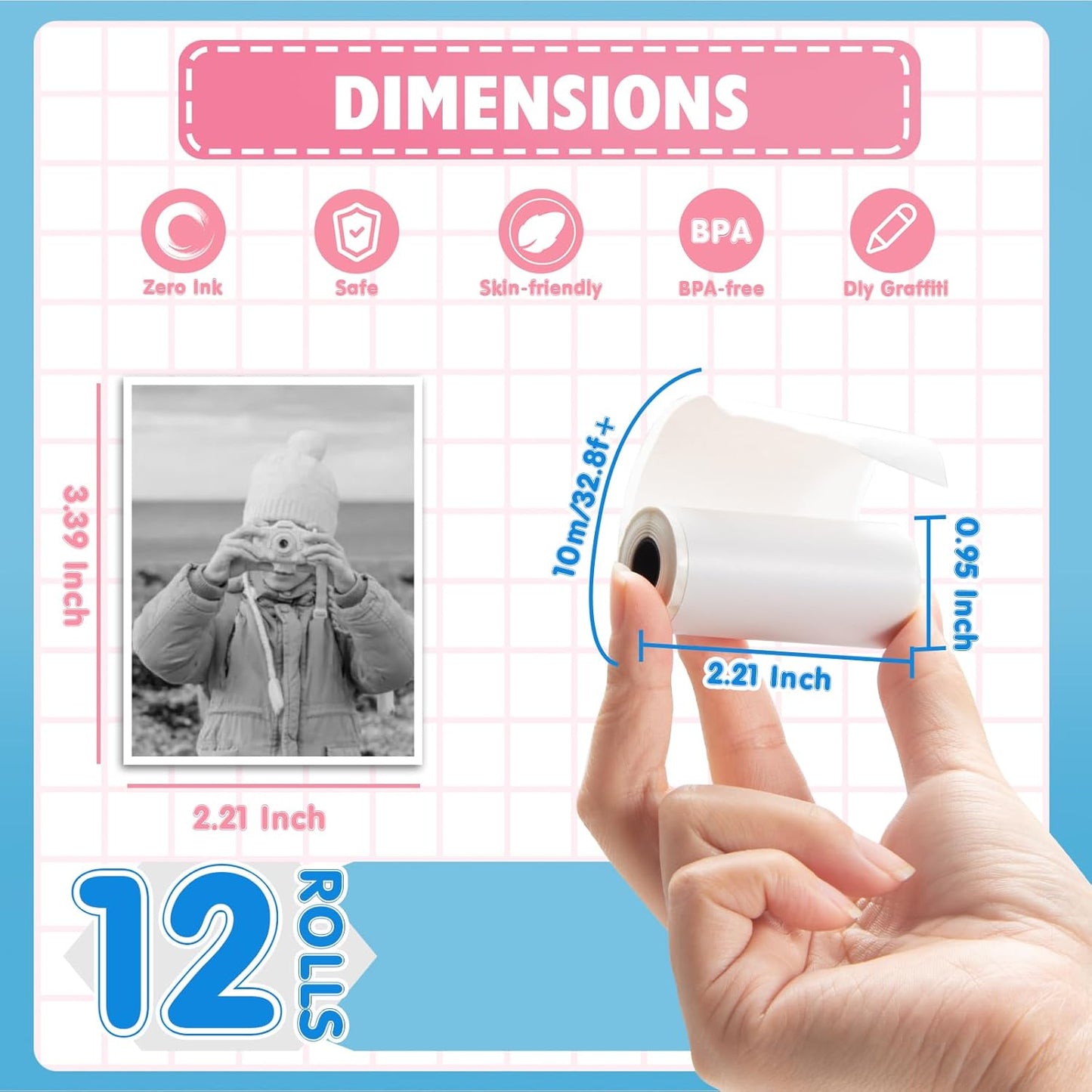 Thermal Paper, 12 Rolls Kids Instant Camera Refill Print Paper, Atnadov HD Thermal Paper (BPA Free) Kids Instant Camera Refill Print Paper Perfect for Most Kids Cameras (White-12 Rolls)