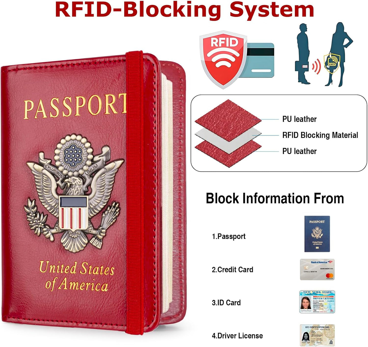 Passport Holder for Travel Men Women, RFID Blocking Passport Cover Leather Passport Wallet With 3D Metal Badge Waterproof Passport Case Travel Wallets Accessories Document Organizer (Red)