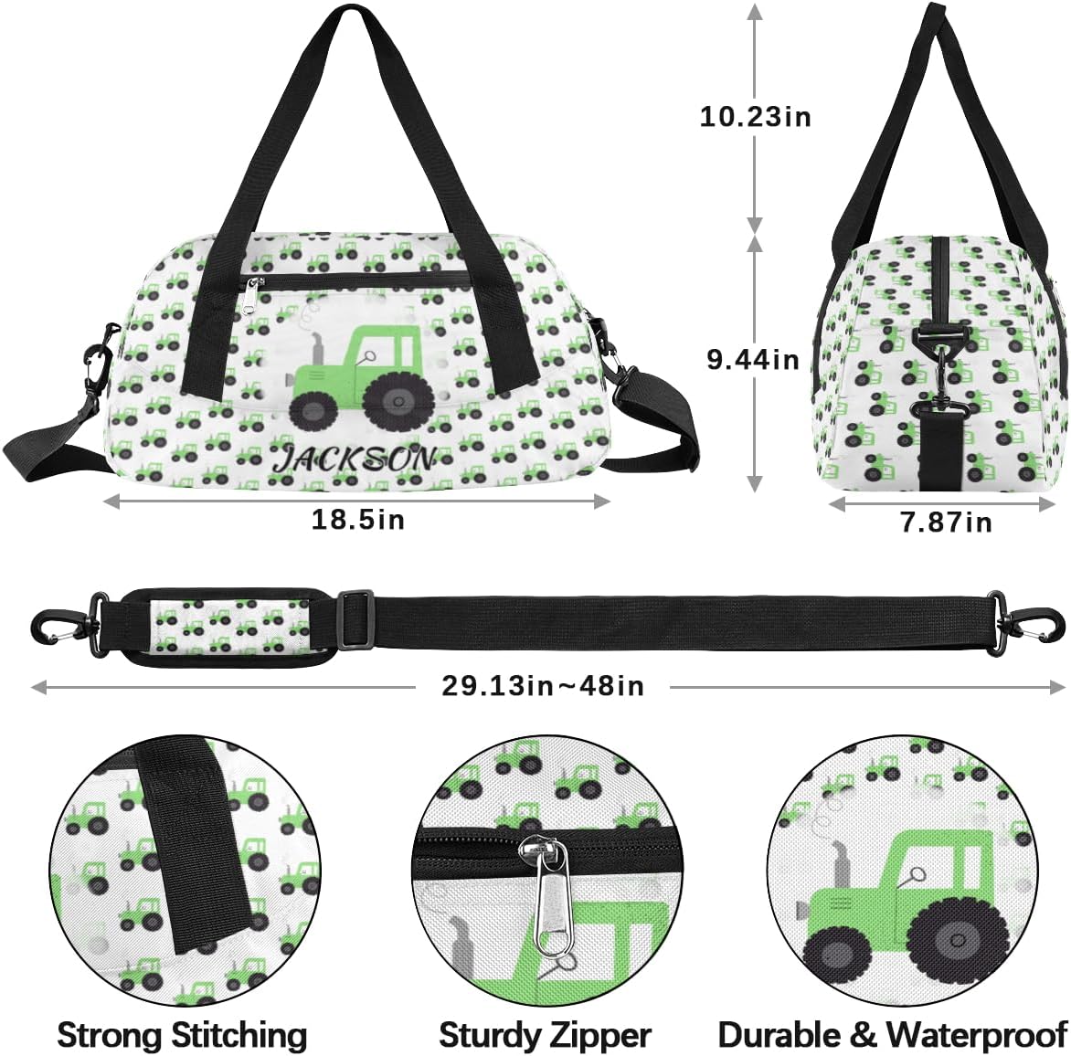 Truck Car Custom Name Kids Overnight Duffel Bags Boys Green Tractor Personalized Sport Gym Bag Customized Duffel Bag for Travel Weekender Practice Gymnastics