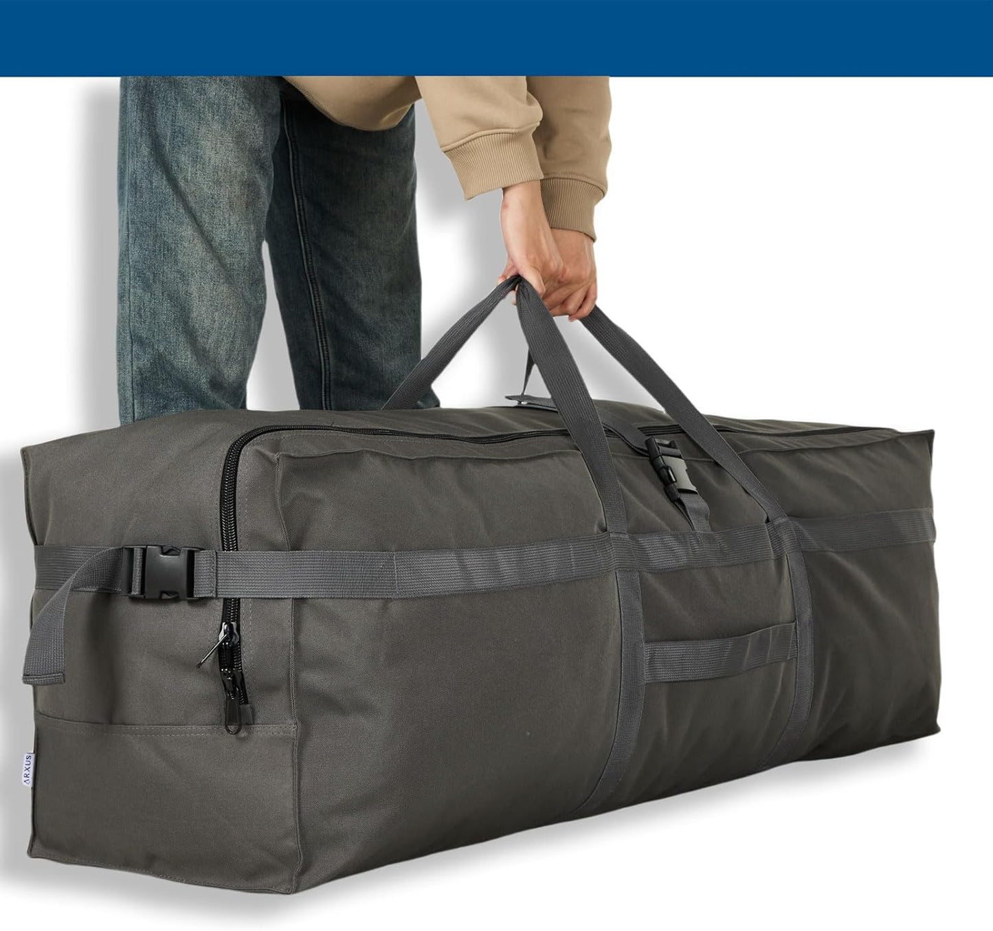 Arxus Large Duffel Bag, Waterproof Carry on Weekend Overnight Storage Bag over Luggage for Airline, Travel, Camping, Moving