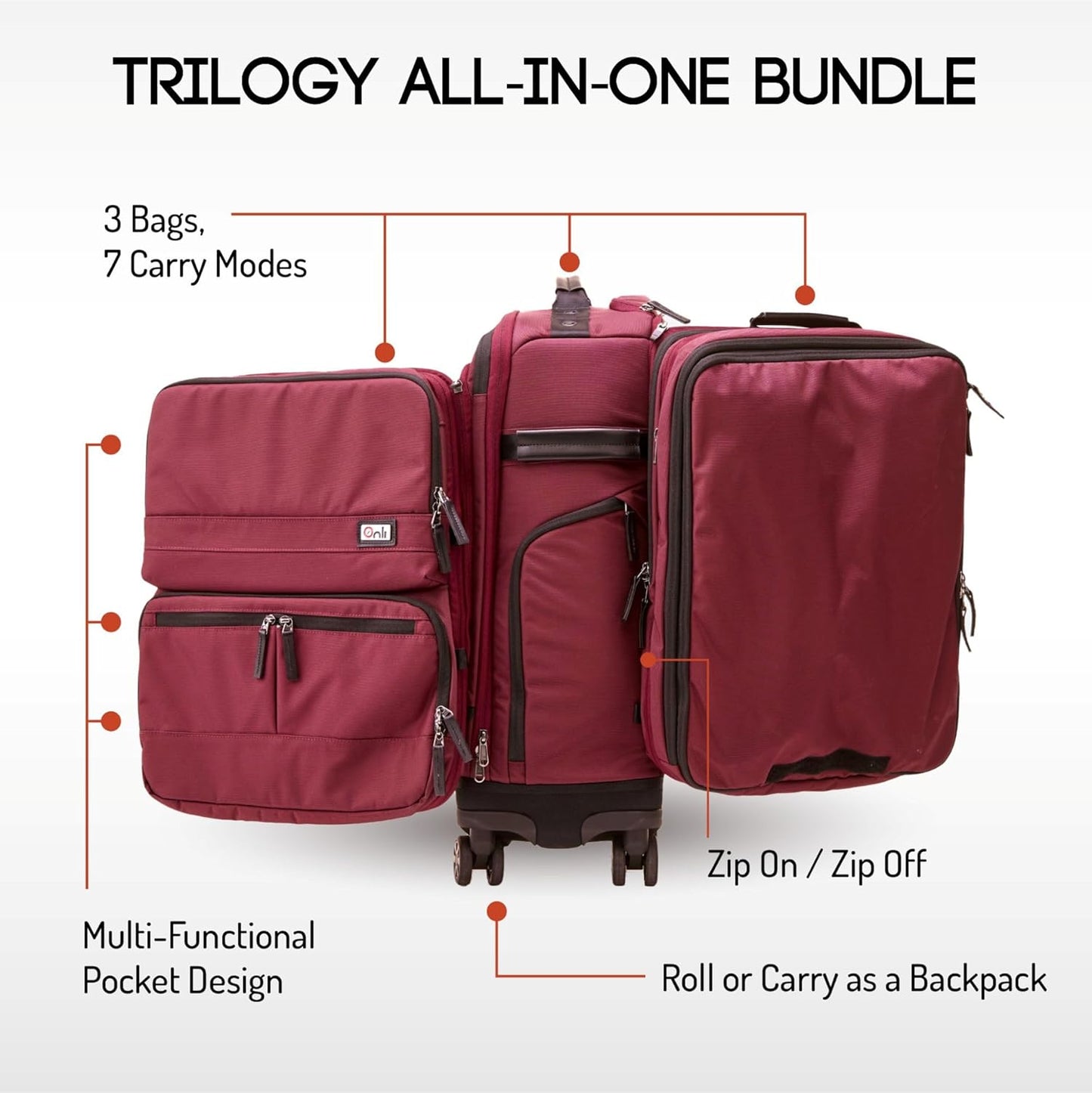 Trilogy All-In-One Bundle: 3-Part Modular Rolling Pack and 8 Perfect Fit Packing Cubes and a padded hip belt. Get 3 bags in 1 (Zinfandel)