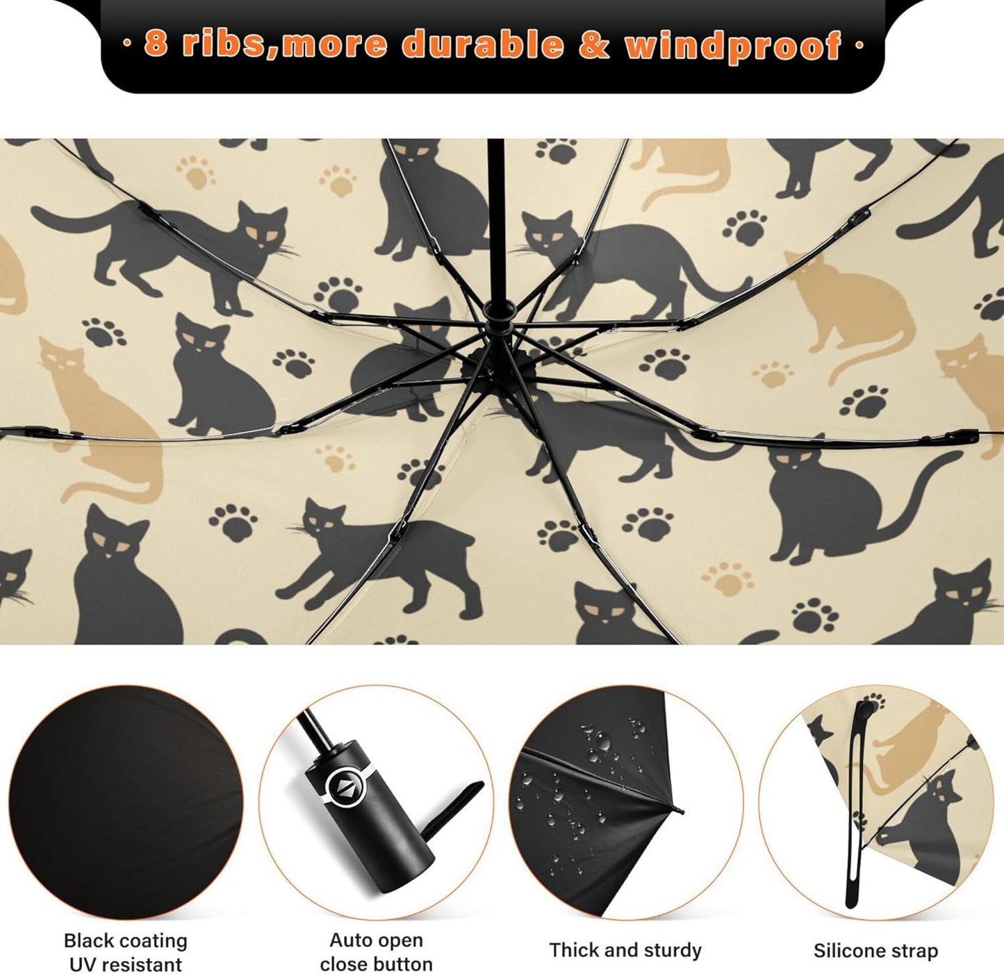 Automatic Folding Umbrella Windproof Strong, UV Protection Compact Black Gothic Moon Spider Webs and Bats Sun Rain Sun Rain Travel Umbrellas for Women Men