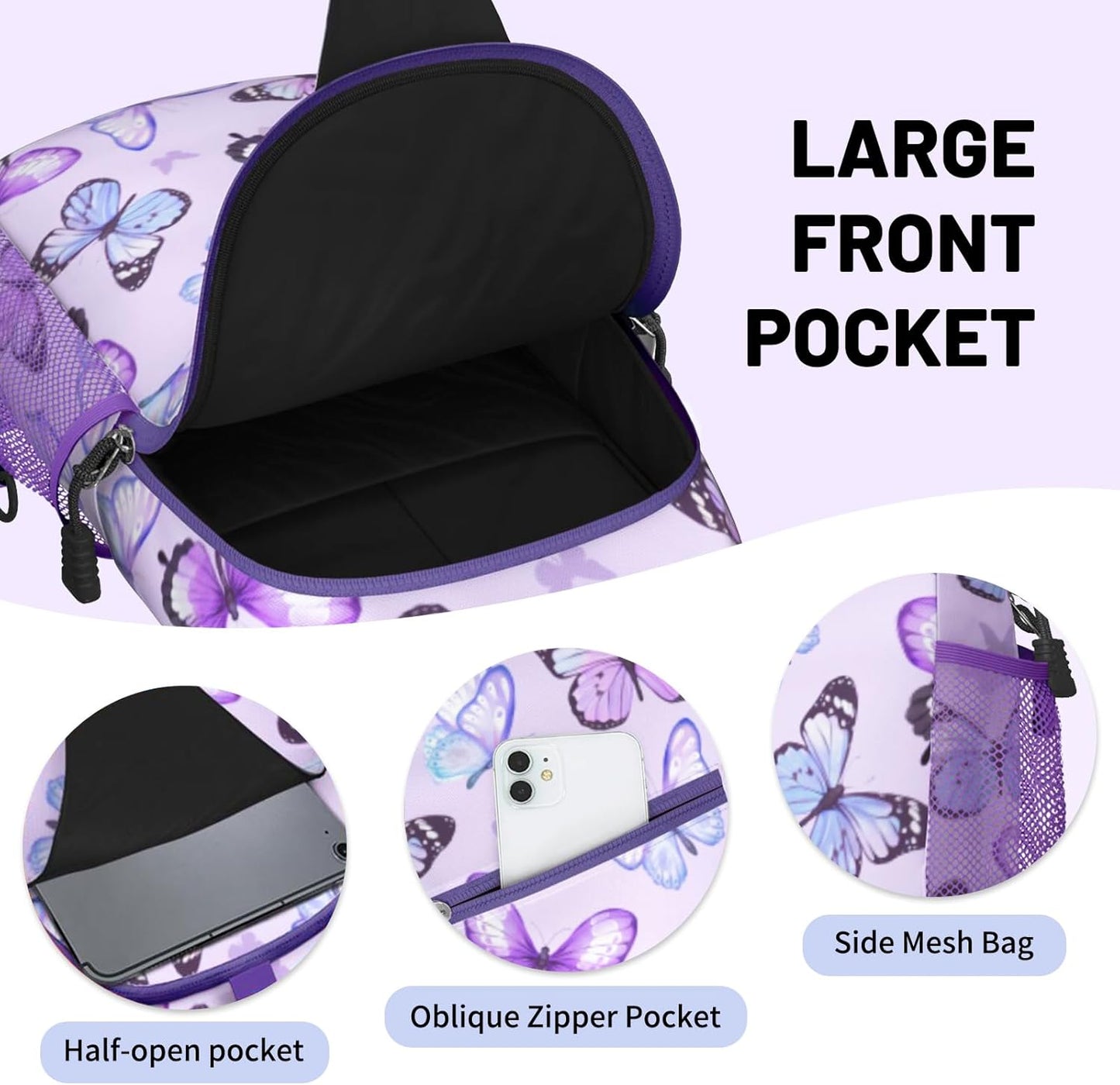 Purple Butterfly Sling Bag Crossbody Chest Bag for Women Men, Water Resistant Lightweight Casual Crossbody Bag with Adjustable Strap, Travel Hiking Daypack Shoulder Backpack